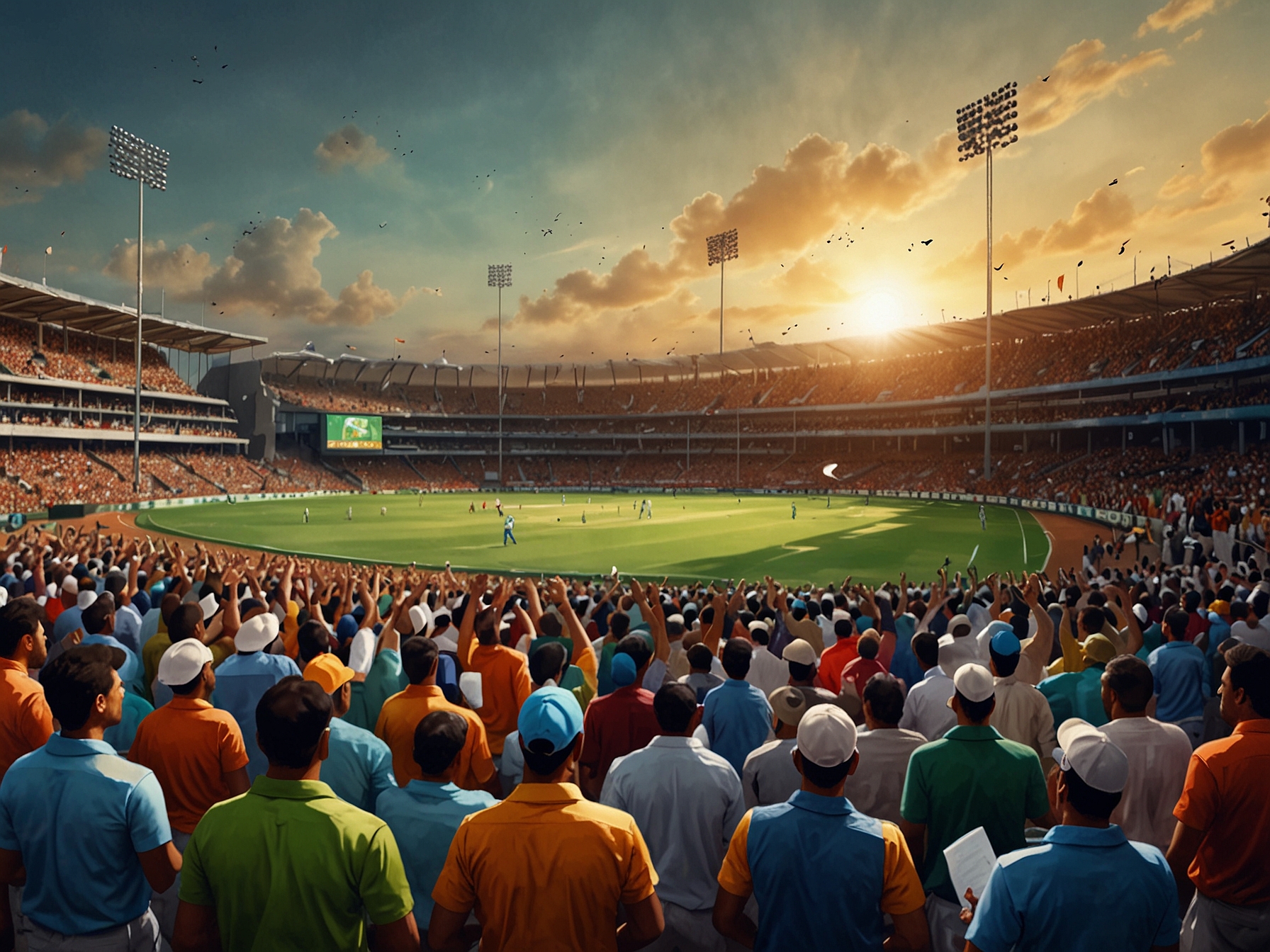 Players from Maharashtra and Andhra on the field, engaged in a tense moment of competition with the backdrop of a colorful crowd, capturing the essence of T20 cricket rivalry.