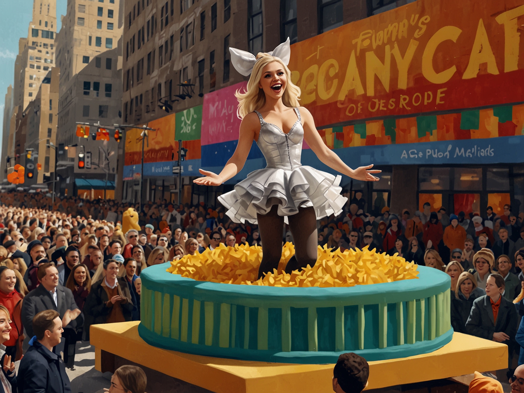 Ariana Madix stands confidently on a colorful float during the Macy's Thanksgiving Day Parade, singing passionately. The crowd cheers in the background, embodying the festive spirit of the event.