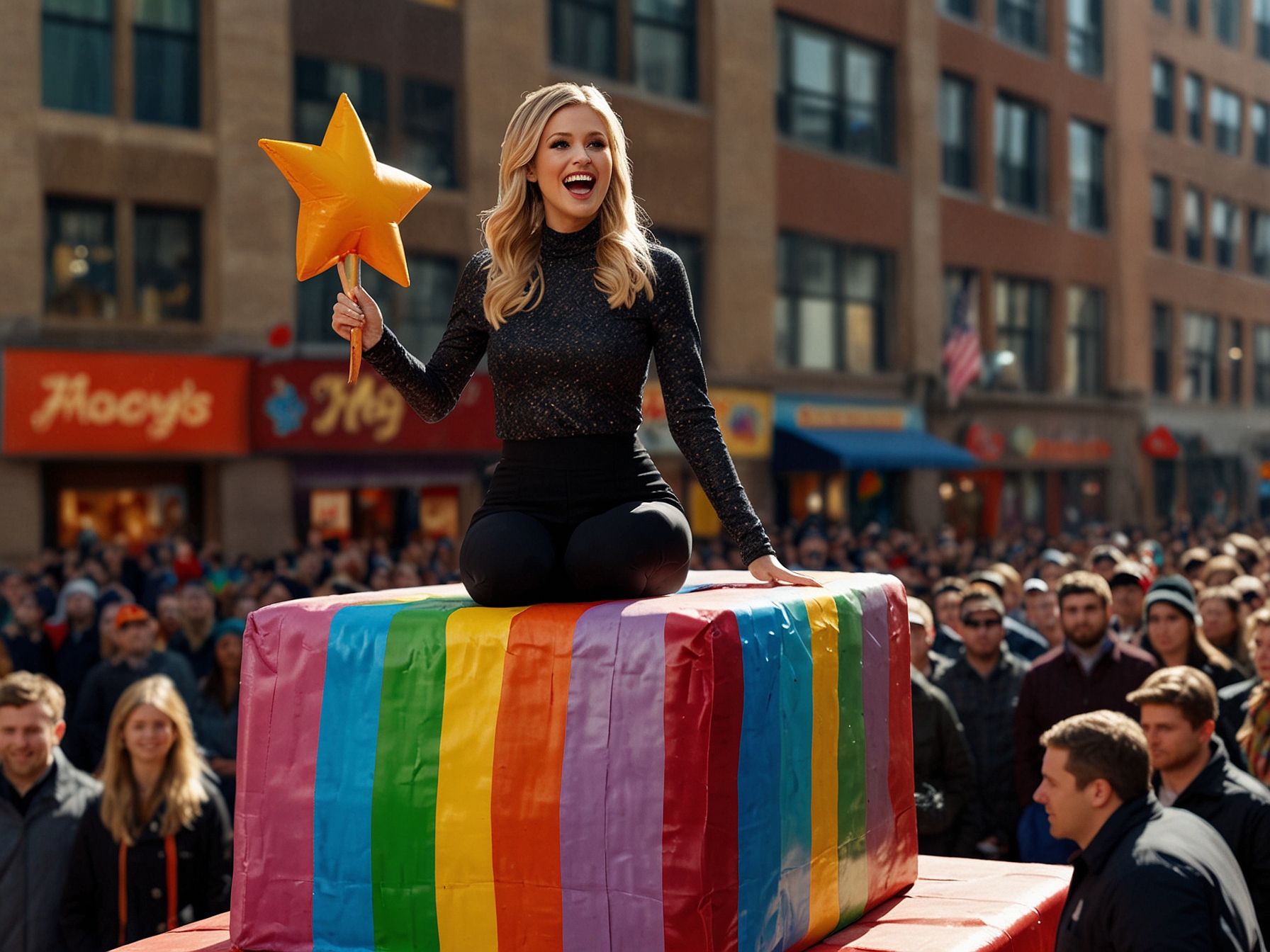 Ariana Madix dressed in a stunning outfit, performing on a Peacock float, with vibrant decorations and balloons adorning the scene, representing joy and celebration.