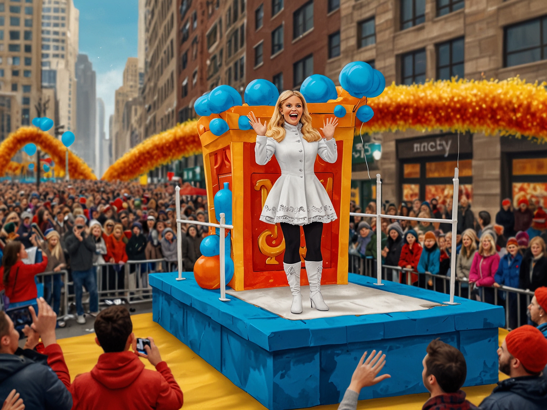 Ariana Madix waving to fans from the float at the Macy's Thanksgiving Day Parade, showcasing her talent and resilience, symbolizing a new chapter in her career.