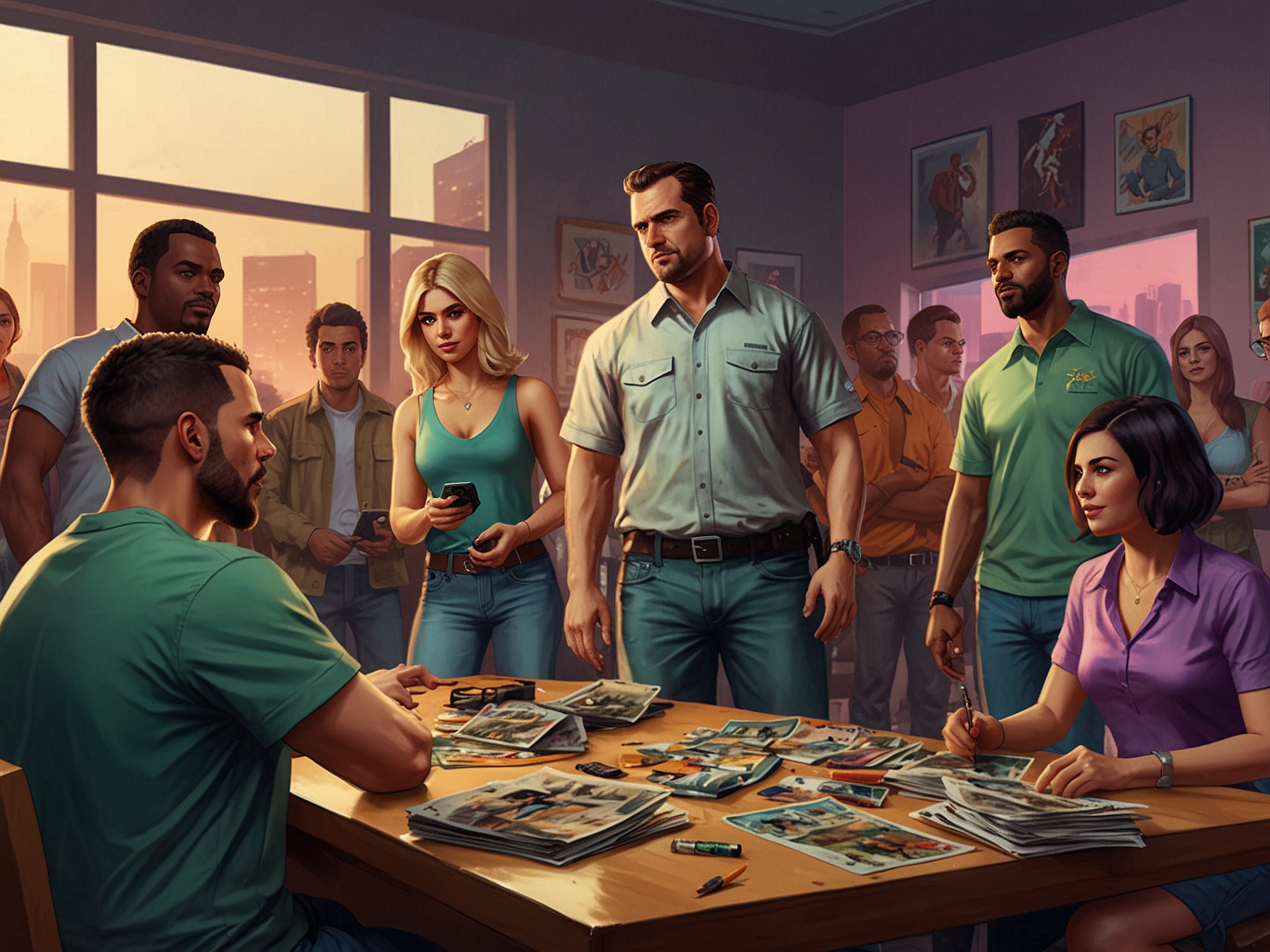 A digital illustration featuring a vibrant, chaotic fan gathering celebrating the Grand Theft Auto franchise with banners, posters, and excited gamers discussing clues about GTA 6.