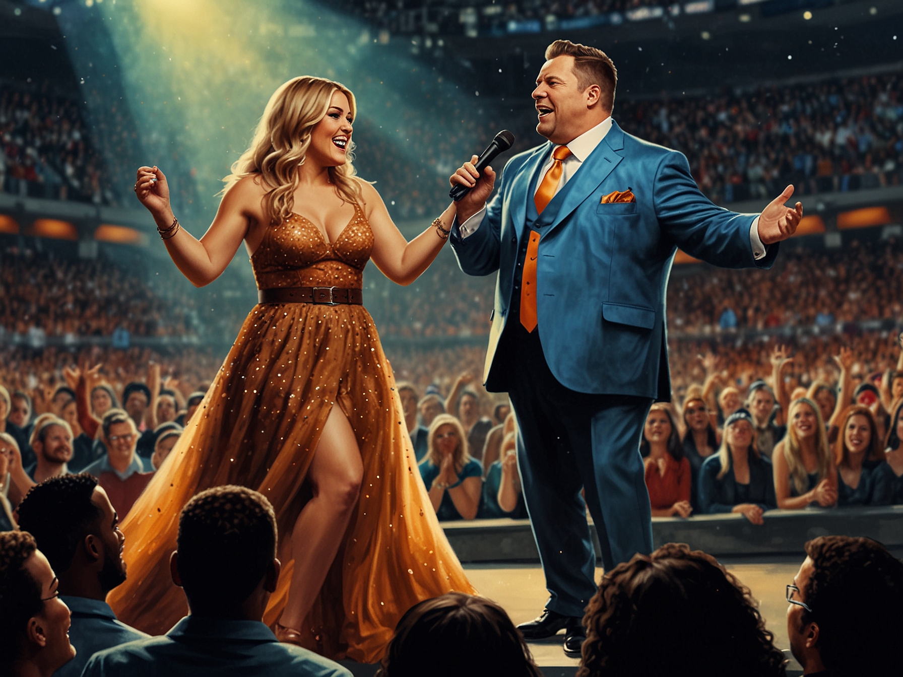 Jelly Roll and Lainey Wilson performing on stage at AT&T Stadium, with vibrant lights and an enthusiastic crowd capturing the emotional moments of their Thanksgiving halftime show.