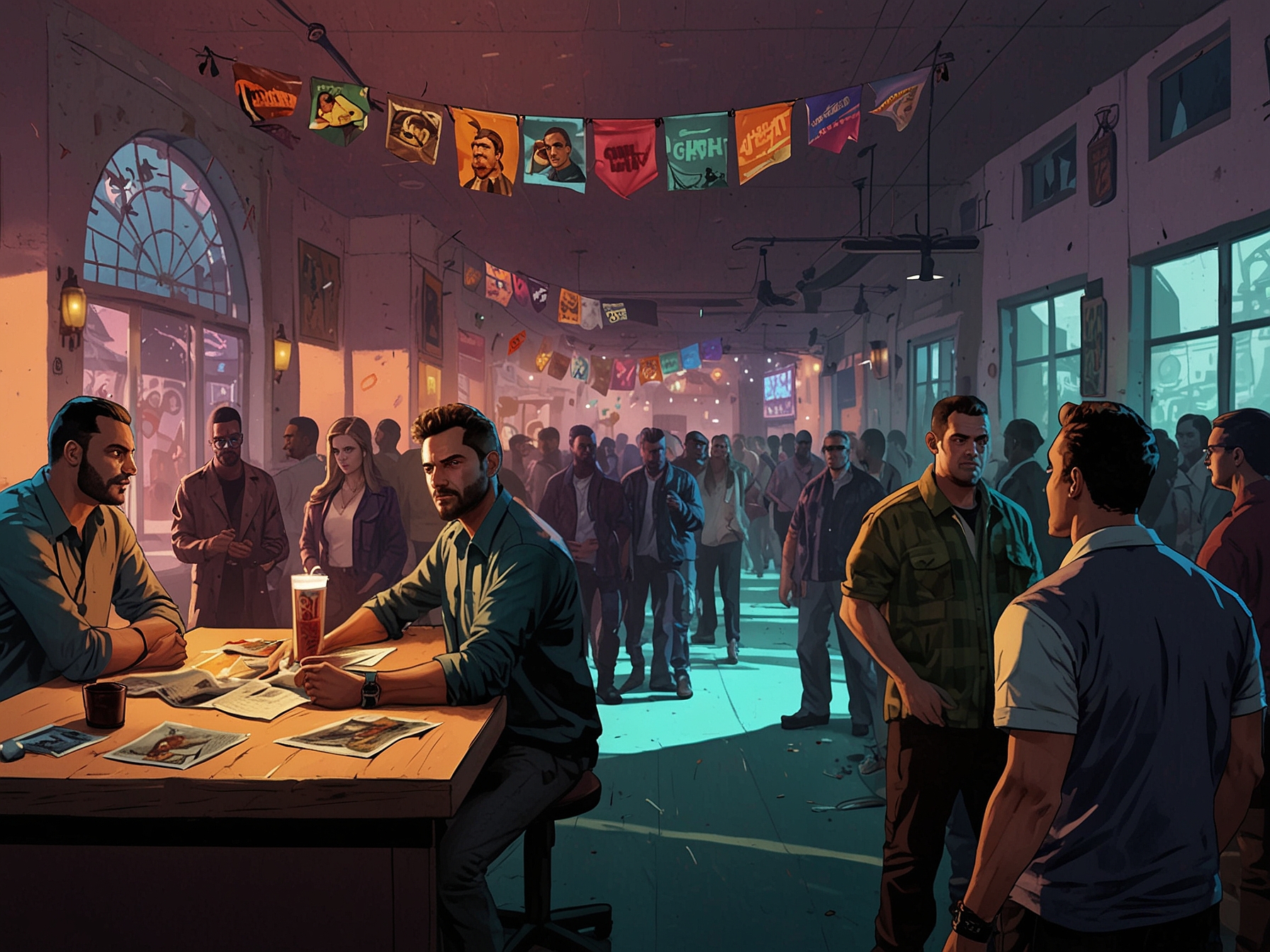 An imaginative concept art showing a colorful Miami-inspired setting indicating the rumored new backdrop for GTA 6, with fans speculating about clues hidden in Rockstar’s posts.