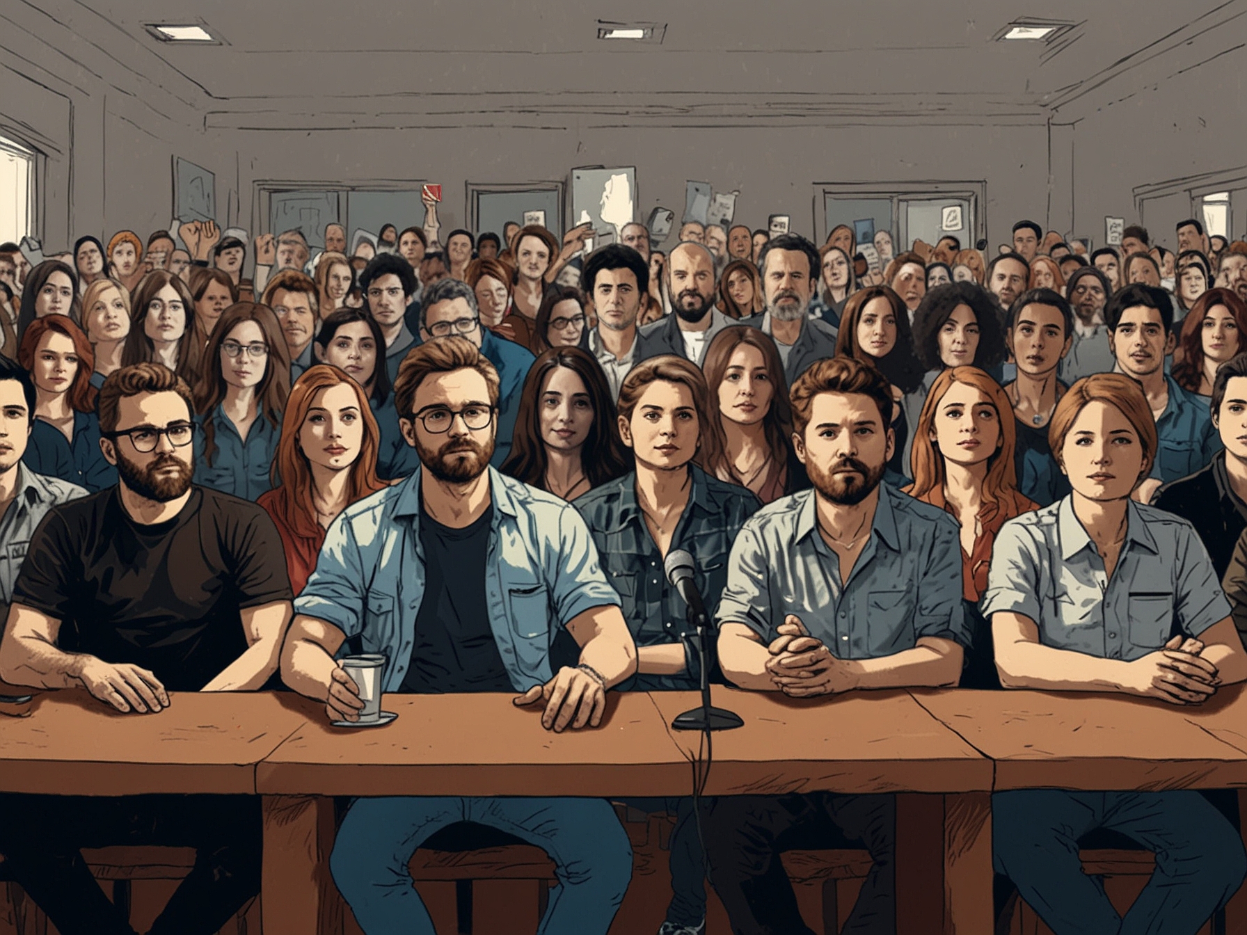 A dramatic scene depicting the members of NewJeans at a press conference, expressing their desire for artistic freedom, surrounded by media and fans showing mixed emotions.