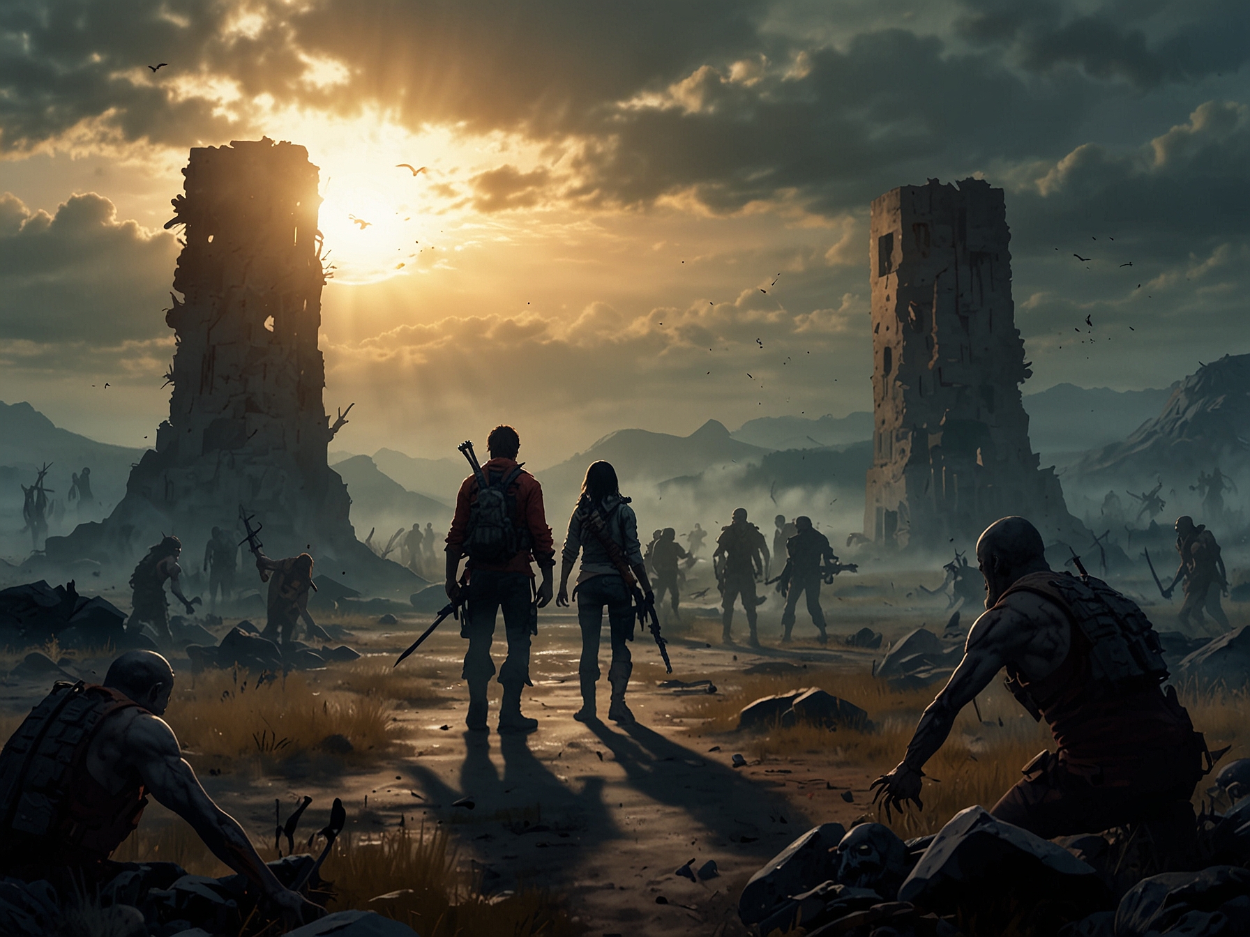 A tense scene showcasing Maya, Adi, and their allies standing united against an approaching horde of zombies, emphasizing their determination and emotional bond in a ruined landscape.