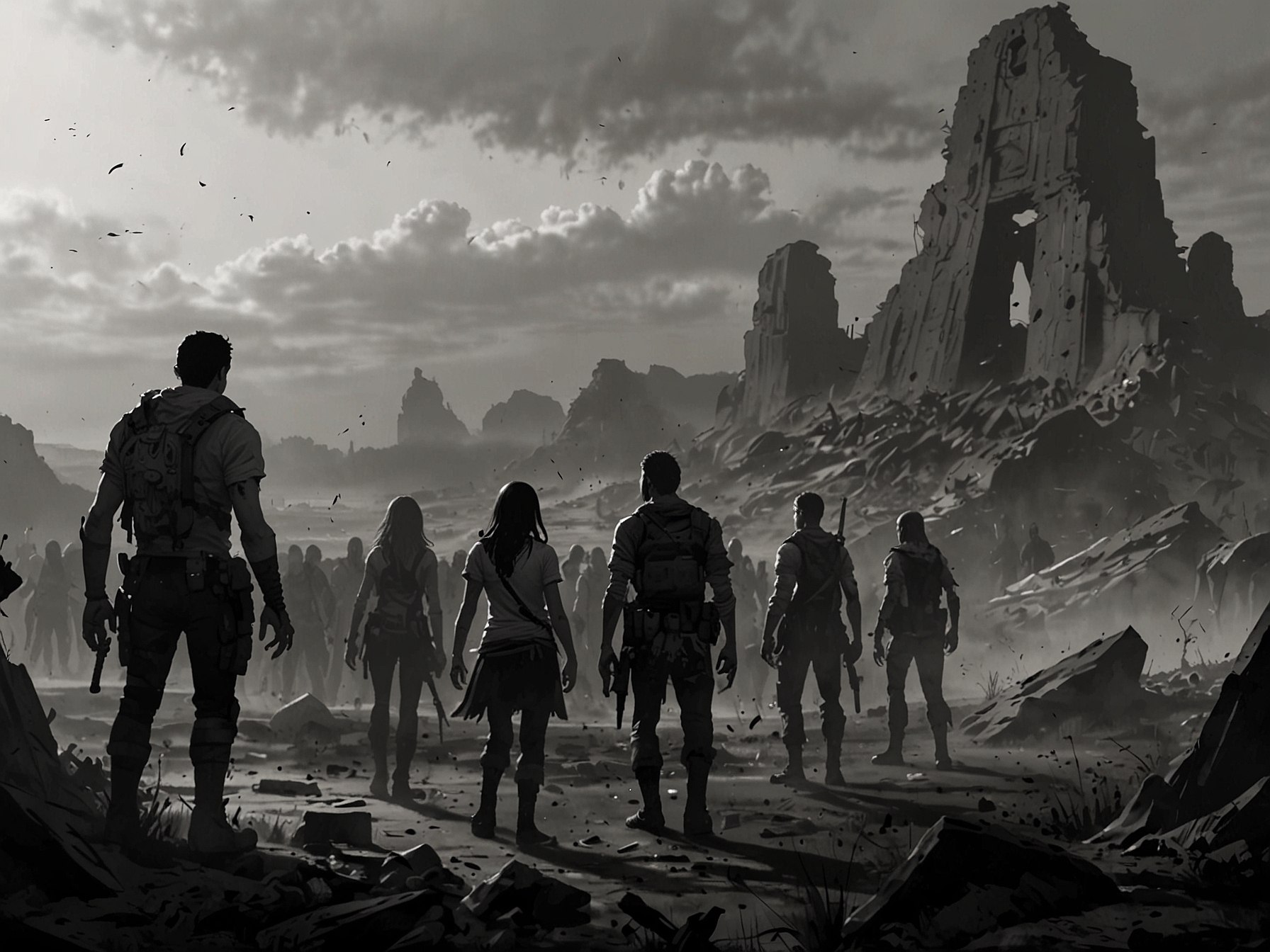 An intense moment of confrontation as the group prepares to battle hordes of undead, showcasing their resolve and the themes of unity and survival in dire circumstances.