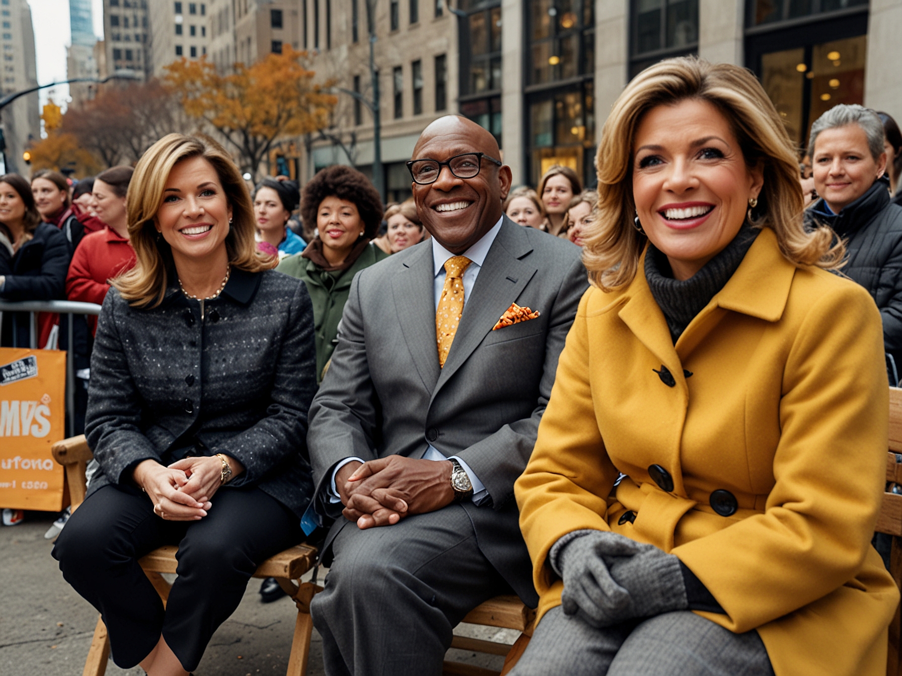 Al Roker sitting in a small chair during the Thanksgiving Day Parade, looking slightly uncomfortable next to Savannah Guthrie and Hoda Kotb who are seated in larger, more comfortable chairs, capturing the height difference and the humorous atmosphere.