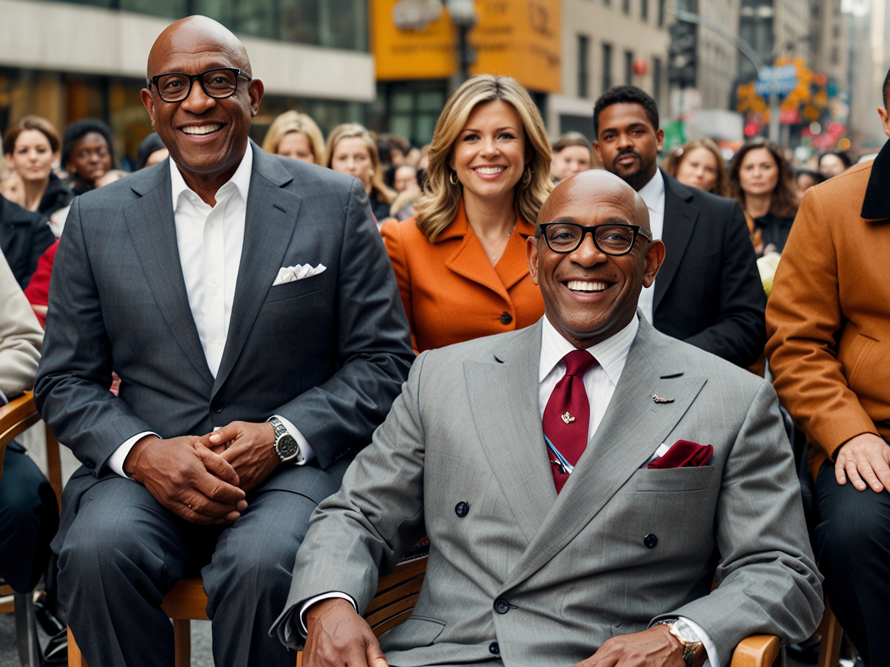 A candid shot of Al Roker speaking to Idina Menzel during the Thanksgiving Parade, showcasing Roker's enthusiasm and Menzel's surprised reaction after the spoiler about the 'Wicked' movie, highlighting the lighthearted yet awkward moment.