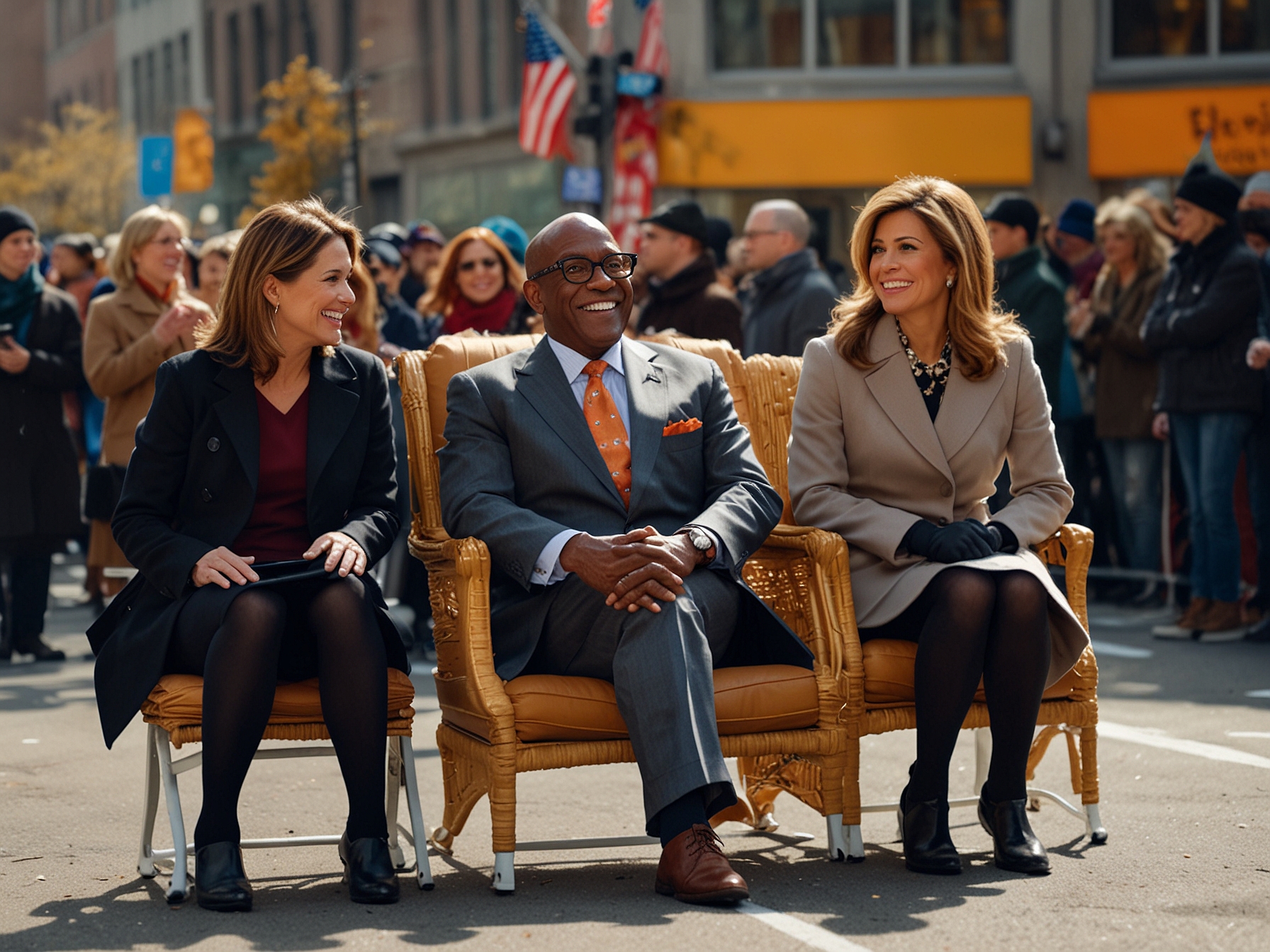 A festive scene from the Thanksgiving Day Parade, featuring balloons, floats, and crowds celebrating, with a focus on Al Roker, Savannah Guthrie, and Hoda Kotb, encapsulating the holiday spirit and media spectacle.