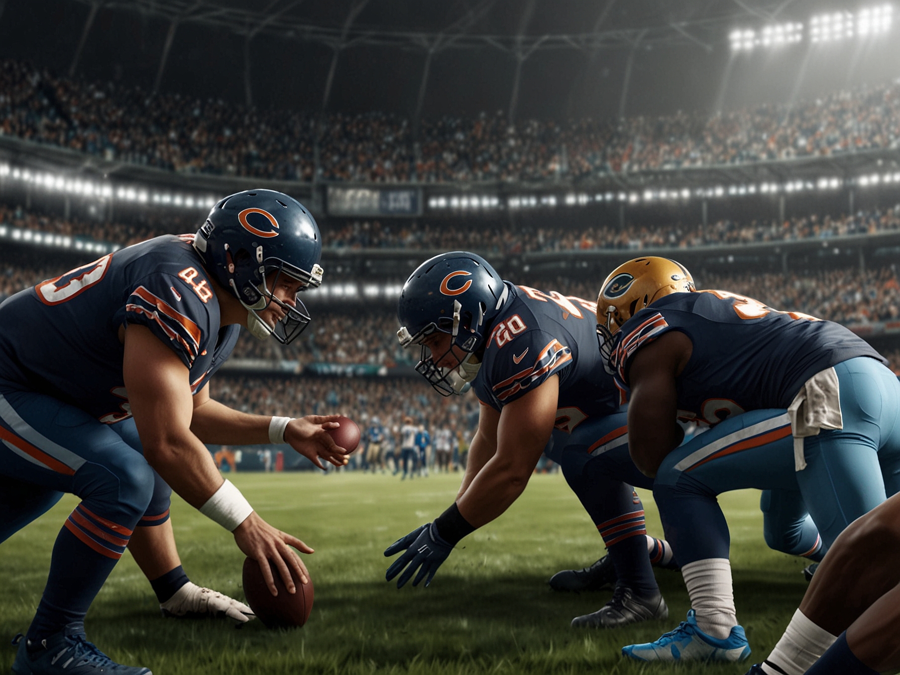 A tense moment during the Bears vs. Lions game, with players on the field reacting to the ticking game clock, showcasing the pressure of late-game situations.