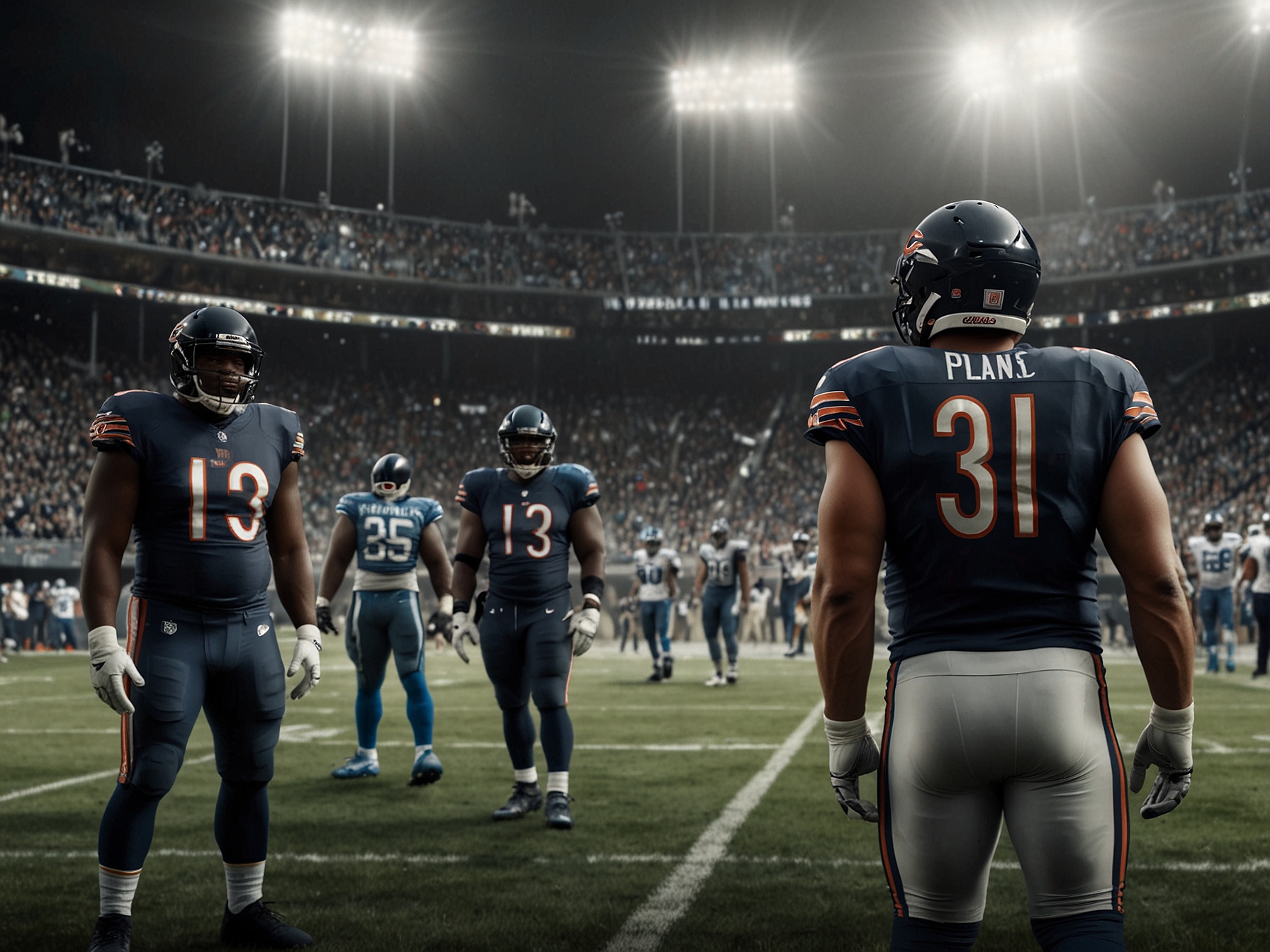 Caleb Williams, the Bears' rookie quarterback, under pressure as he is about to be sacked during a crucial play, illustrating the intensity and stakes of the game.