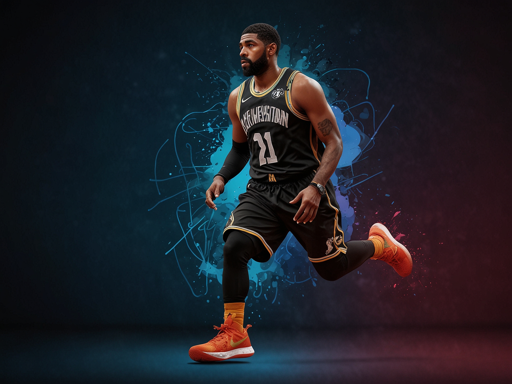 Kyrie Irving proudly showcasing his first sneaker design, the KAI 1, during a vibrant product launch event, symbolizing his artistic journey and family legacy.