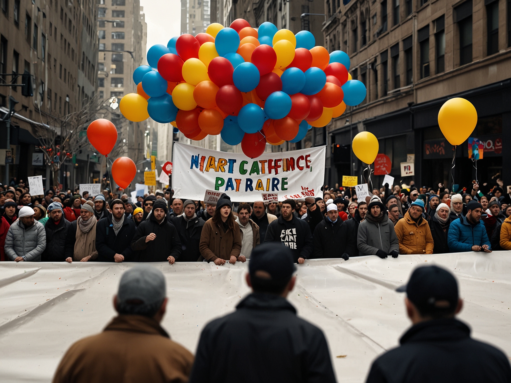 Parade-goers showing mixed reactions as pro-Palestinian demonstrators interrupt the Thanksgiving parade, with some cheering and others booing, symbolizing the division in public opinion on global issues.