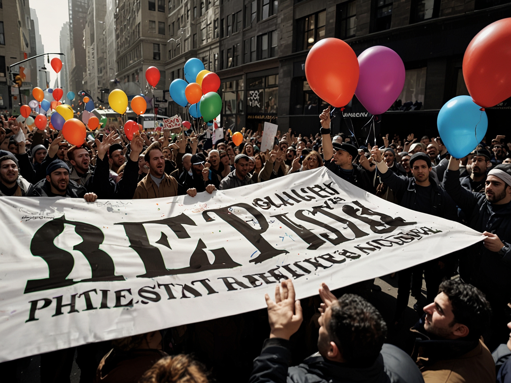The iconic Macy's Thanksgiving Day Parade scene, with balloons floating and protesters in the foreground, representing the juxtaposition of holiday festivities and urgent calls for justice.