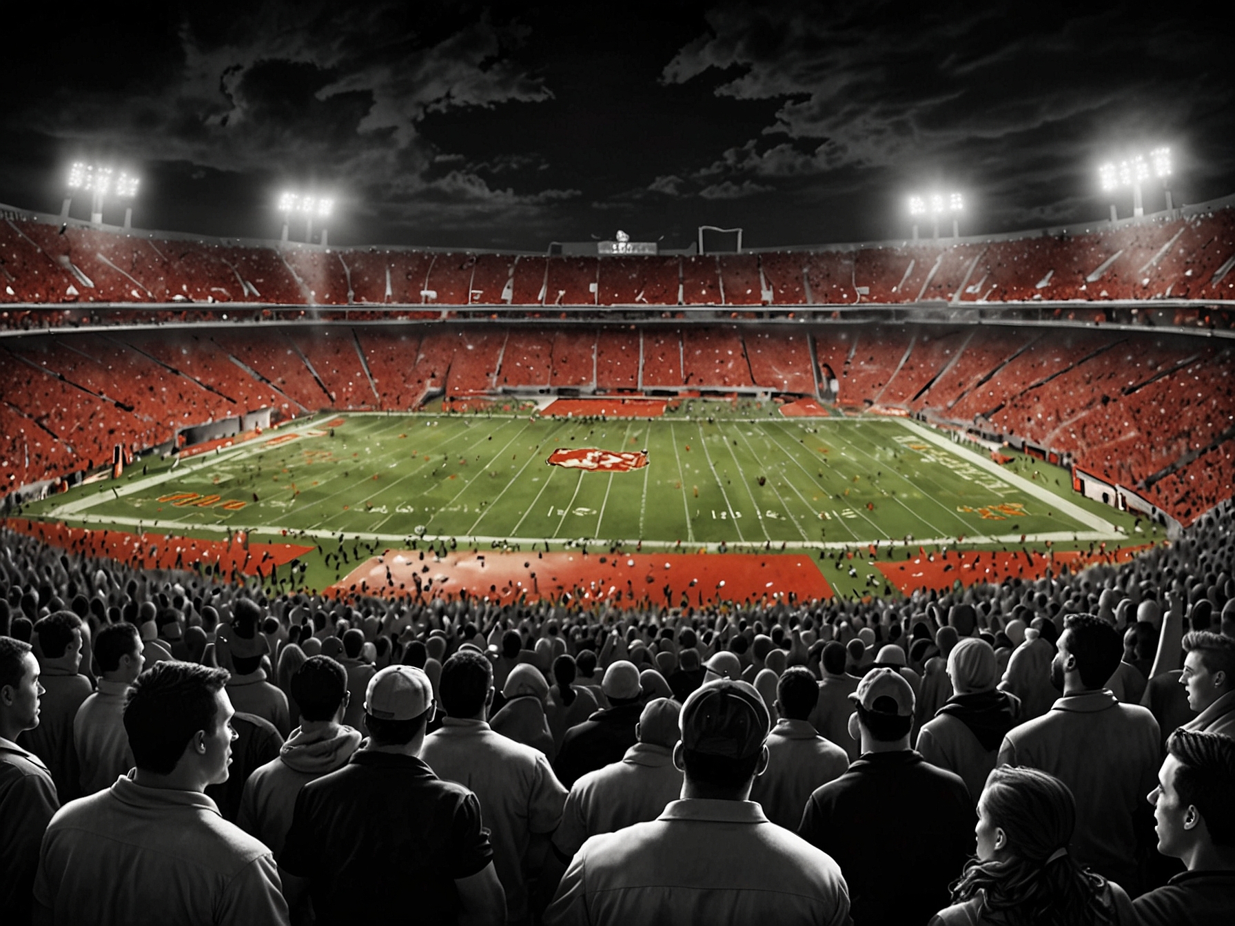 A packed Arrowhead Stadium filled with enthusiastic fans cheering during a football game, with players from the Raiders and Chiefs on the field battling for victory.