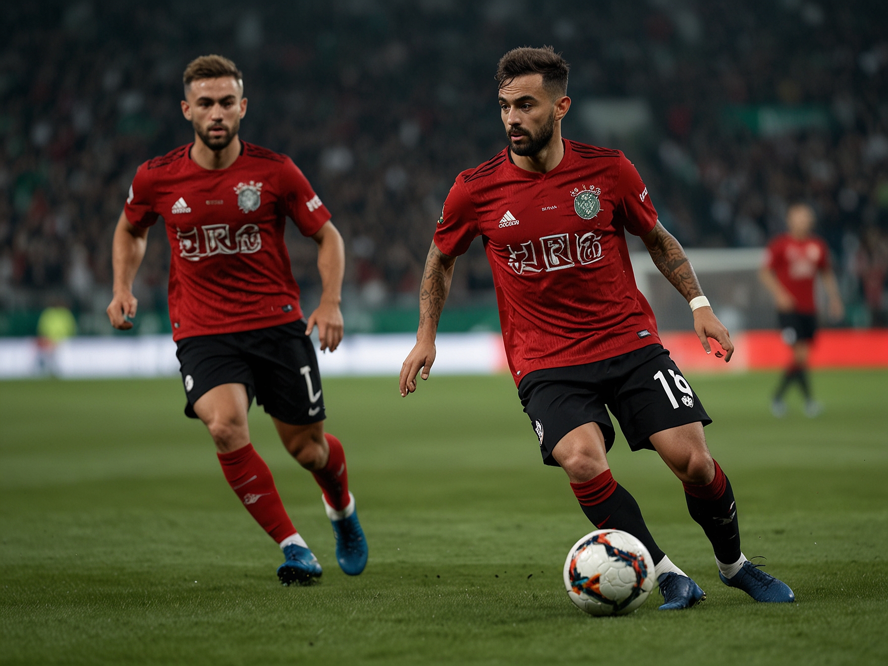 An action shot of Bruno Fernandes playing deep in midfield against Bodo/Glimt, showcasing his strategic movement and control of the ball while teammates are in the frame, illustrating tactical play.