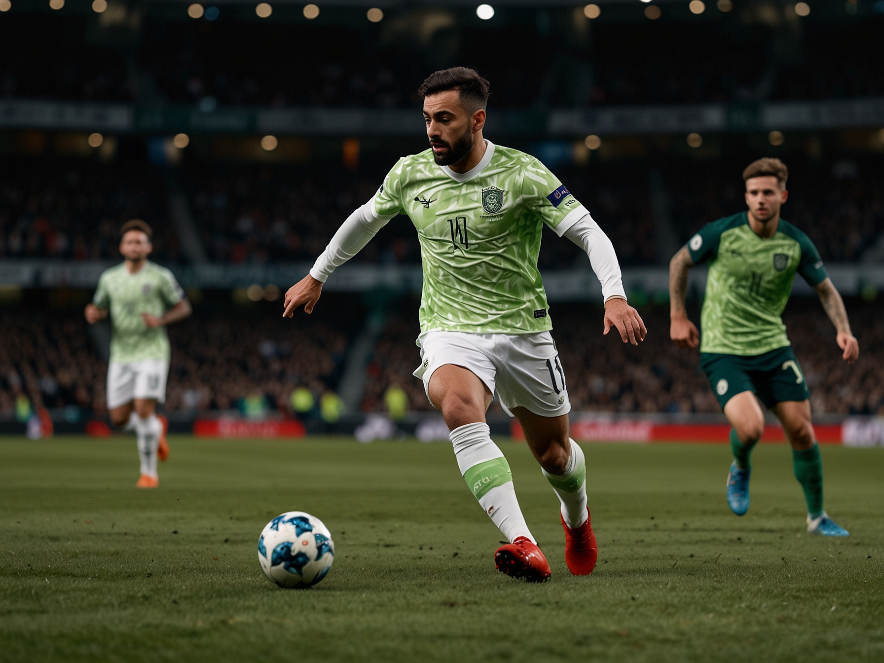 Ruben Amorim on the sidelines, analyzing the game with tactical notes, emphasizing his role in strategic decisions and the importance of player positioning during the match.