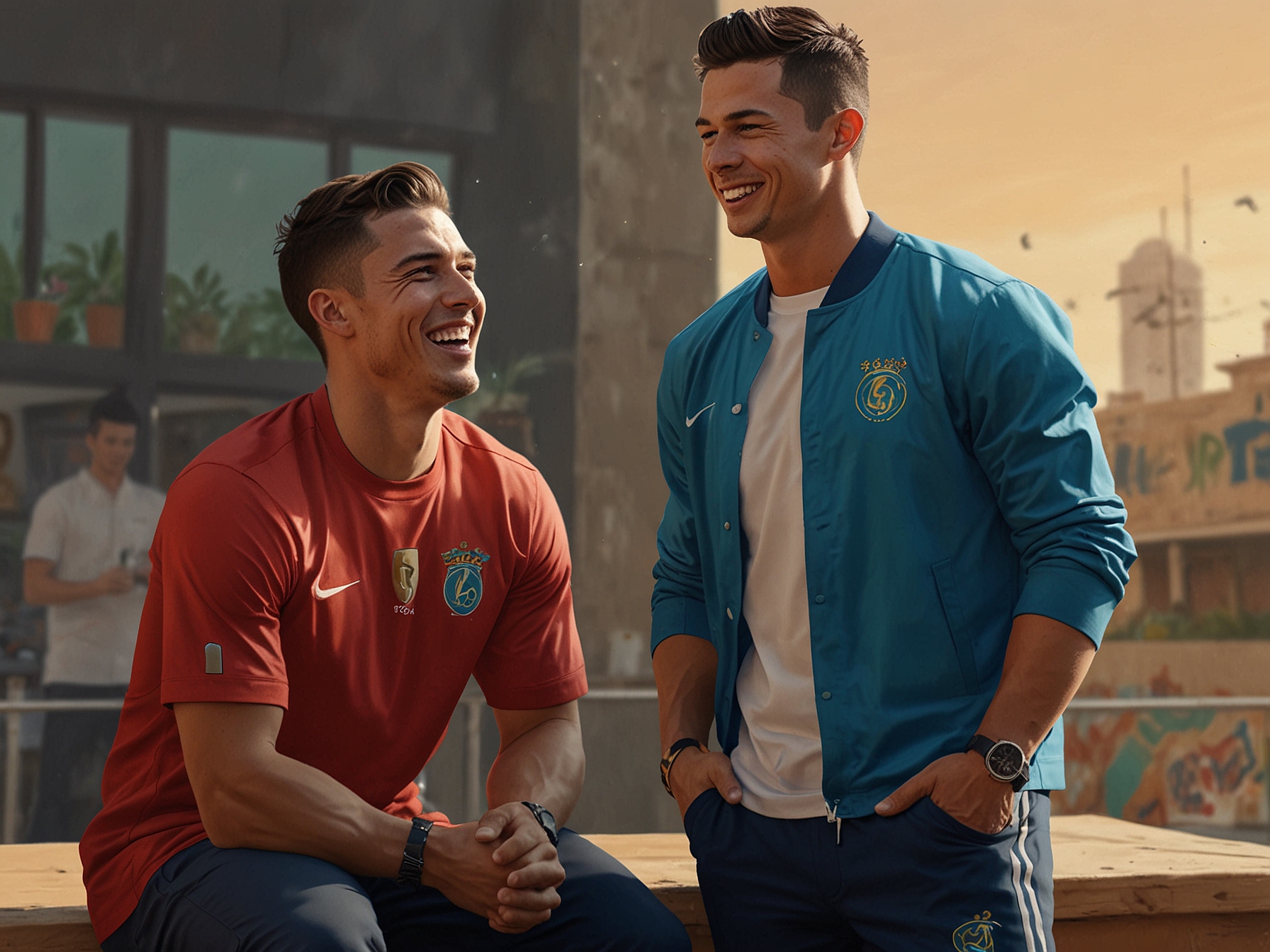 A vibrant scene from Mrsool Park in Riyadh, capturing MrBeast and Cristiano Ronaldo laughing together, showcasing their playful chemistry as they prepare for their upcoming video shoot.