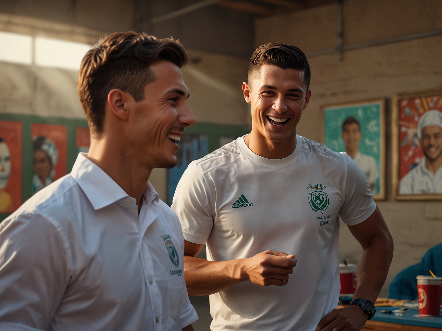MrBeast and Cristiano Ronaldo performing the famous 'SIIIIIIU' celebration on the soccer field, surrounded by excited fans and vibrant colors, symbolizing the fusion of YouTube and sports.
