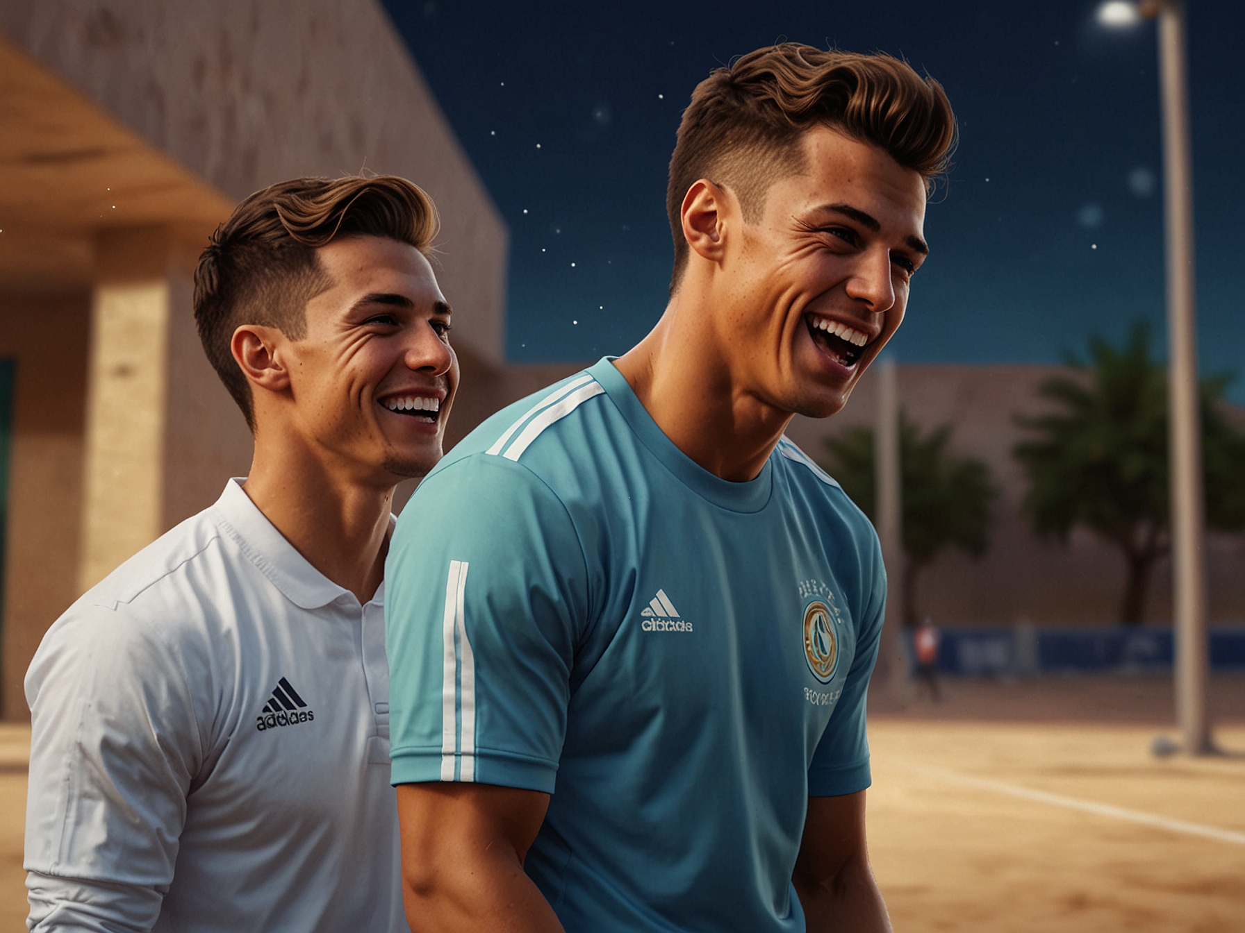 A close-up shot of MrBeast and Ronaldo discussing ideas while seated in a locker room, with soccer memorabilia around them, illustrating their collaborative spirit and creative energy.