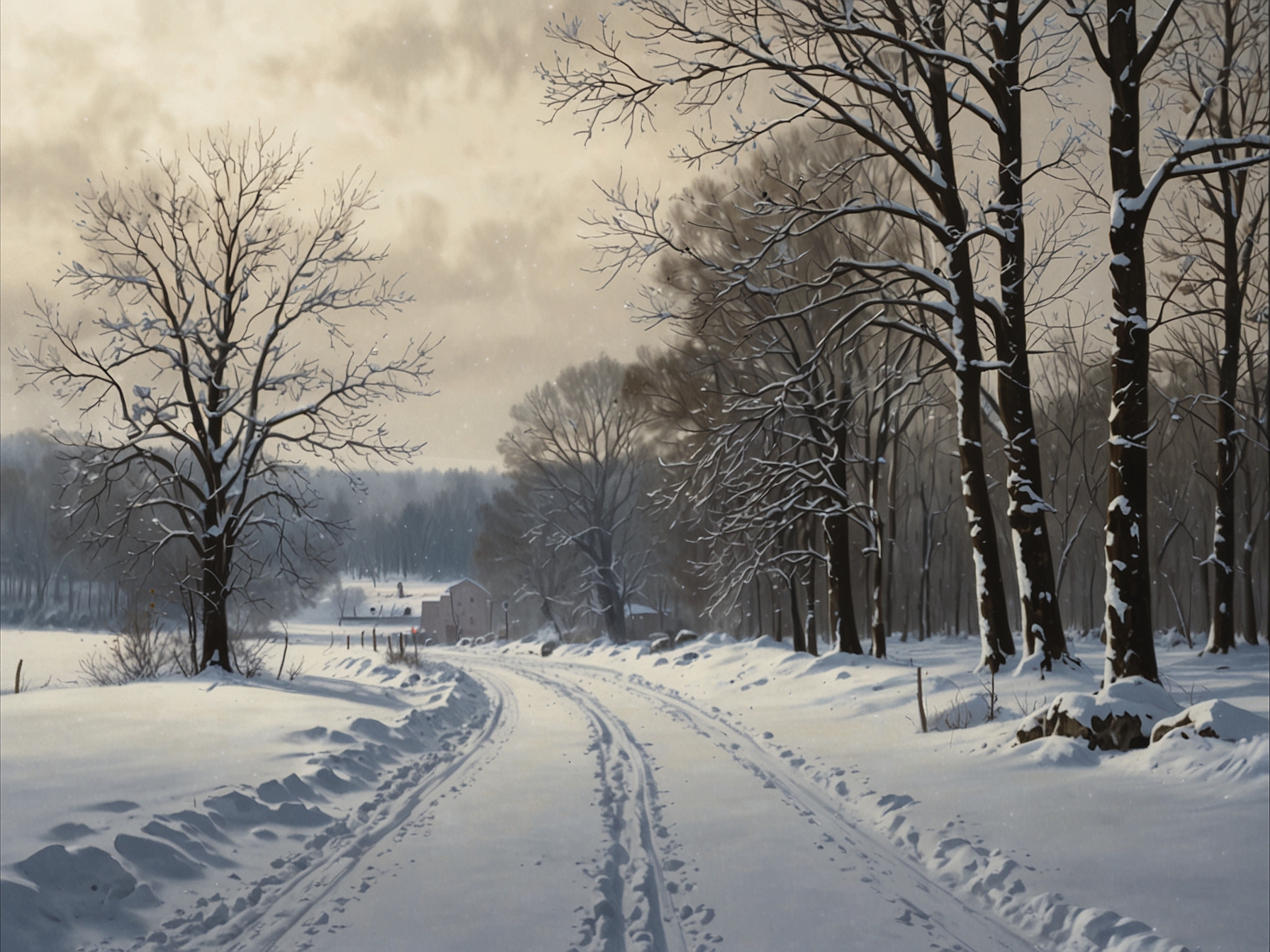 A snowy Erie County landscape, blanketed in deep snow, with snow-covered trees and a distant view of a quiet road barely visible in whiteout conditions.