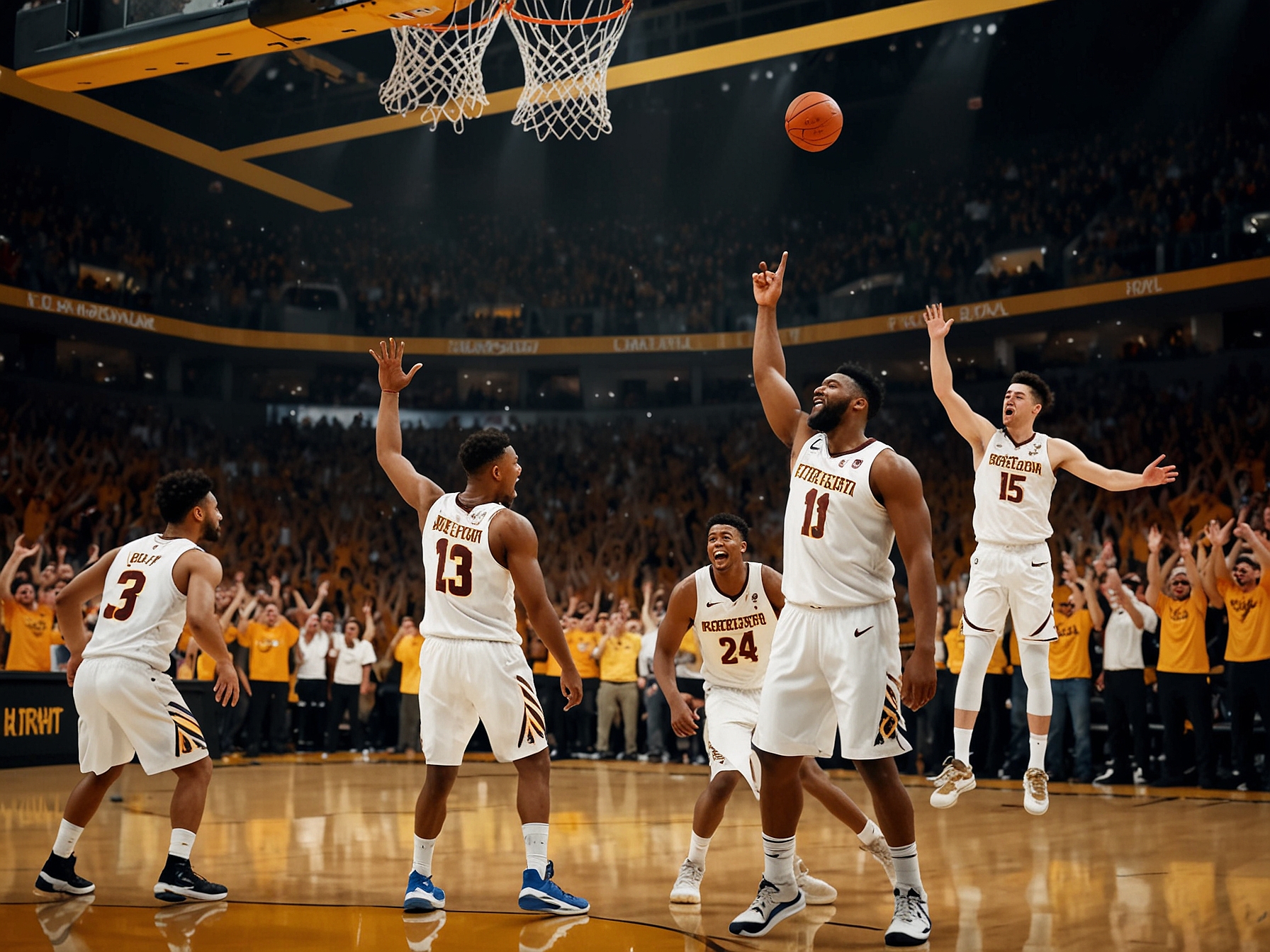 An exhilarating scene from the game showing Arizona State players celebrating after a crucial basket with fans cheering wildly in the background.