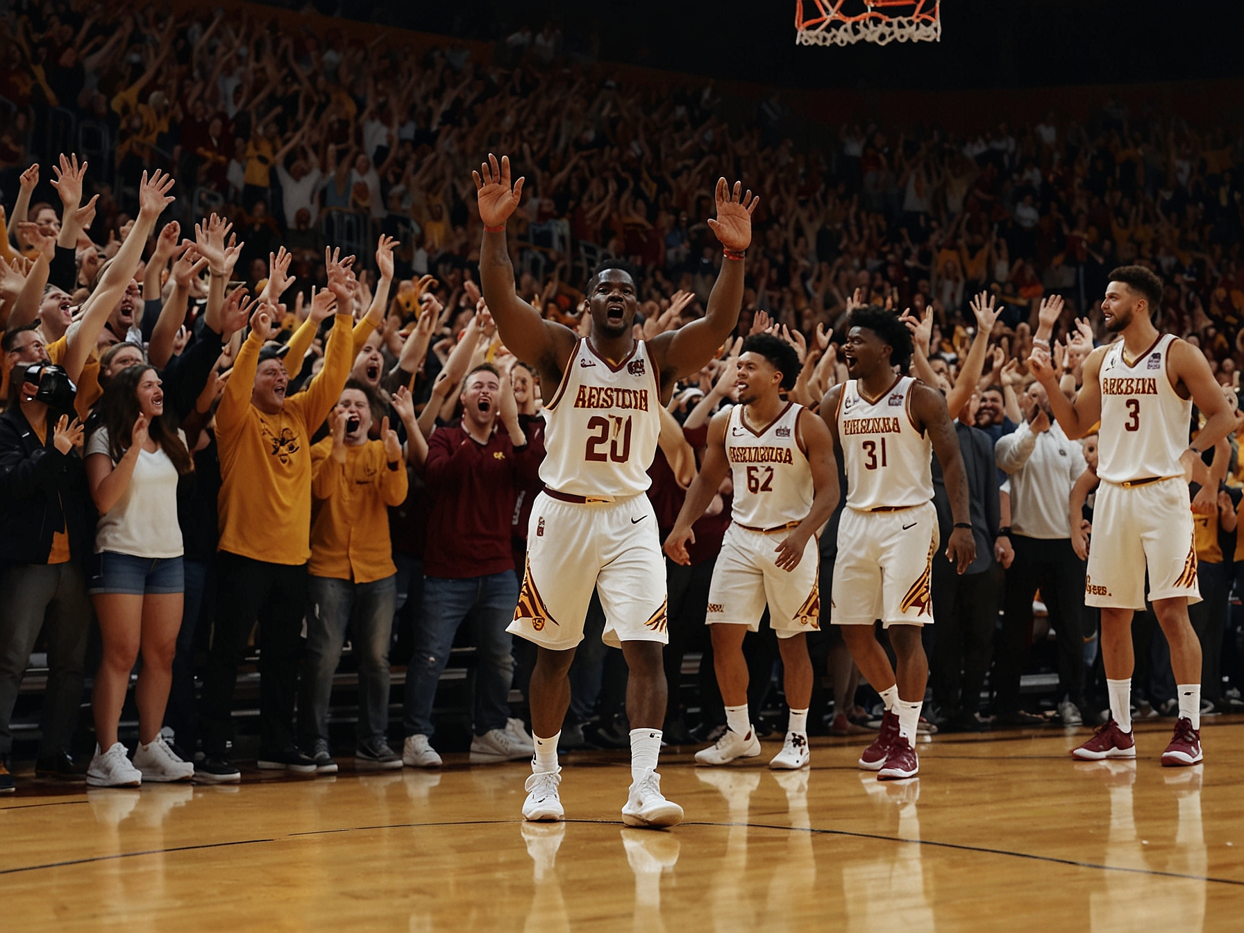 A close-up of Basheer Jihad making a pivotal 3-pointer late in the game, showcasing the intensity of competition and the significance of the moment.