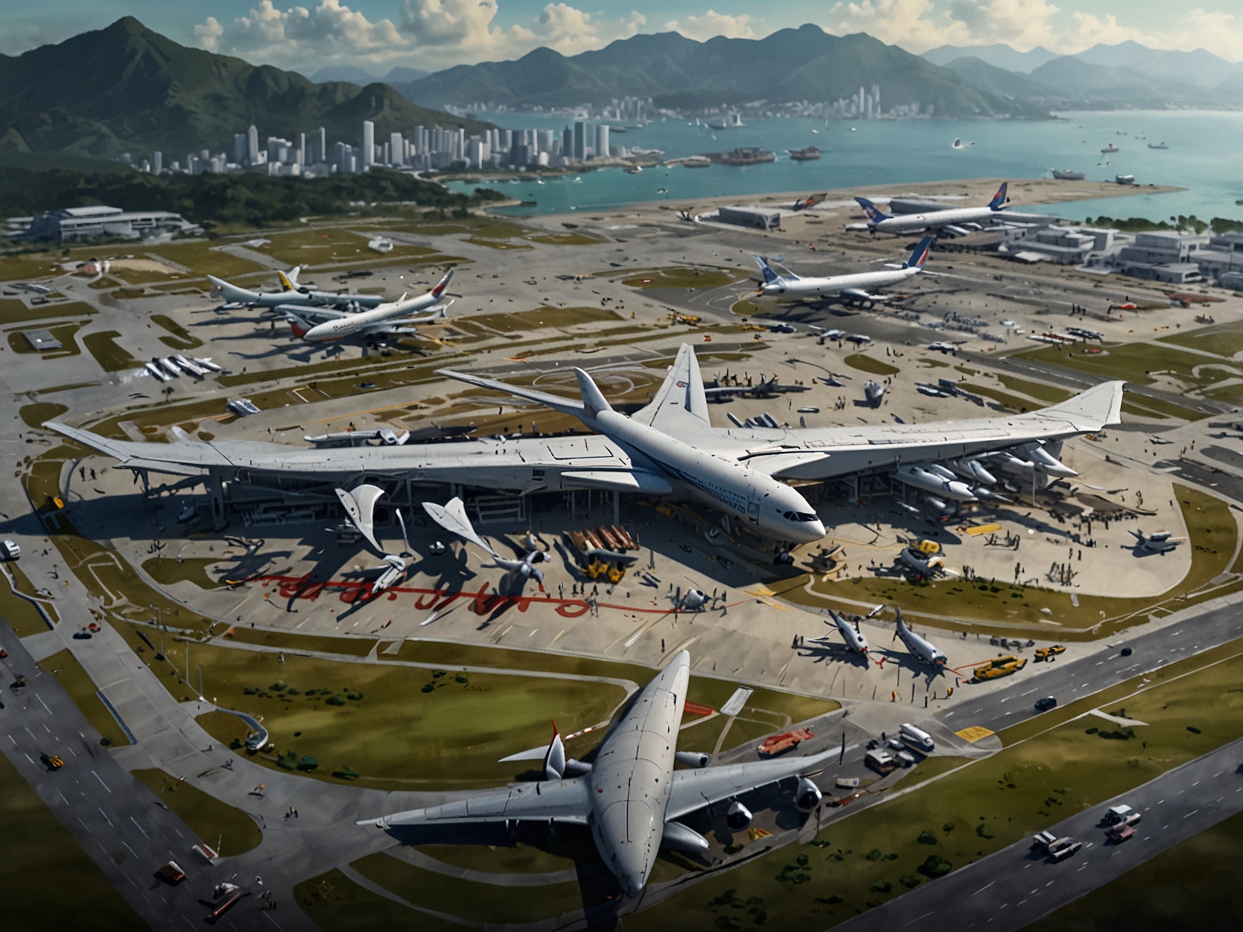 Aerial view of Hong Kong International Airport showcasing the newly opened three-runway system, illustrating the expansion and modernization efforts within the aviation sector.