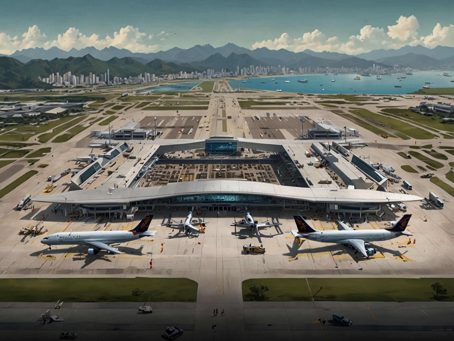 An official event at Hong Kong International Airport featuring Chief Executive John Lee inaugurating the new runway system, surrounded by government officials and stakeholders.