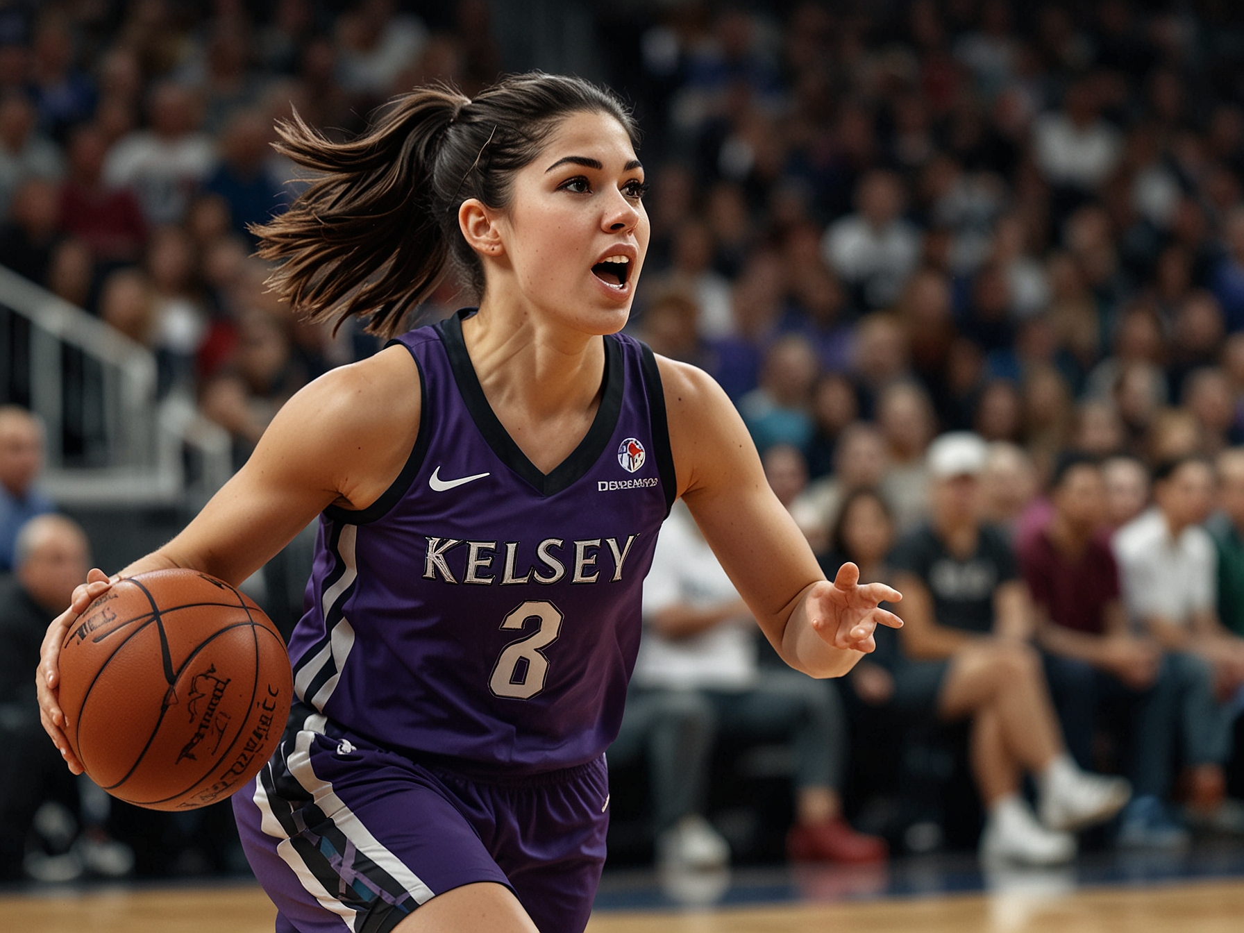 A powerful image of Kelsey Plum in action during a basketball game, showcasing her skills as she dribbles past an opponent, with the crowd cheering in the background.