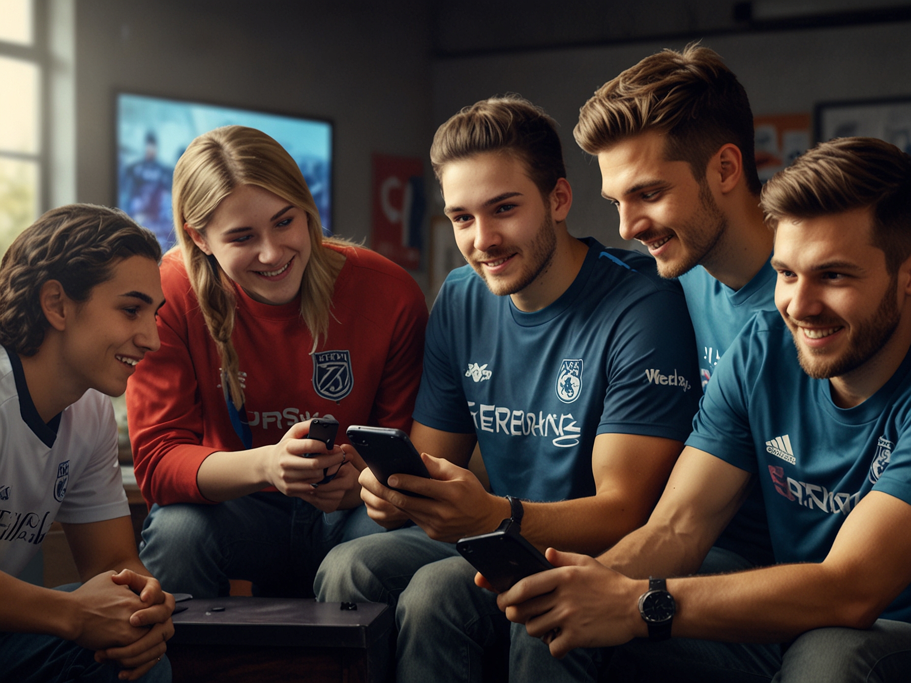 An enthusiastic group of mobile gamers huddled around their devices, experiencing the new EA SPORTS FC Mobile Limited Beta together, showcasing vibrant graphics and community engagement.