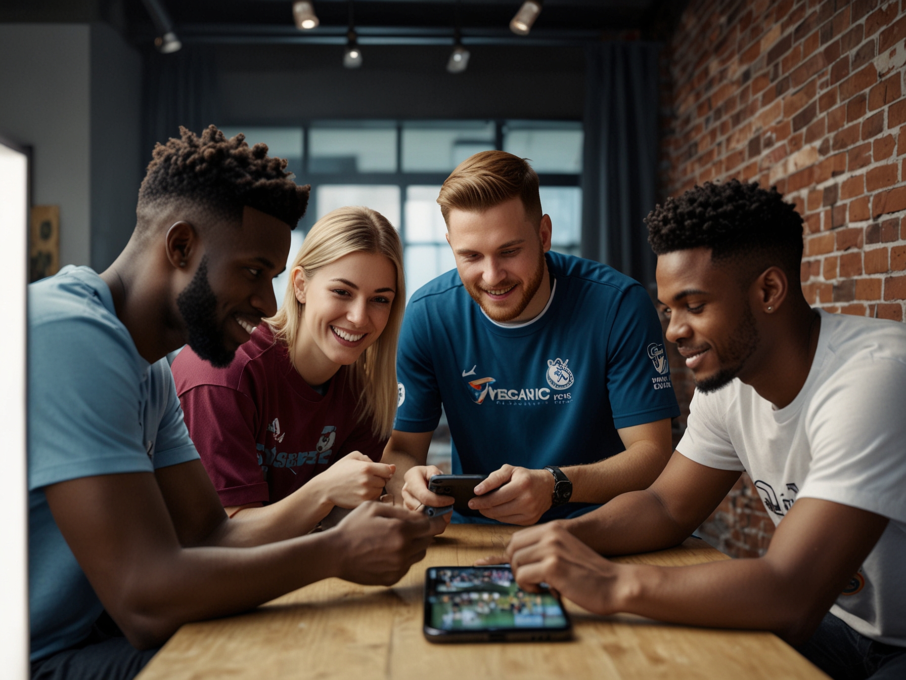 A smartphone displaying the EA SPORTS FC Mobile interface, highlighting the new leagues feature with up to 100 members, conveying the excitement and connectivity among players.