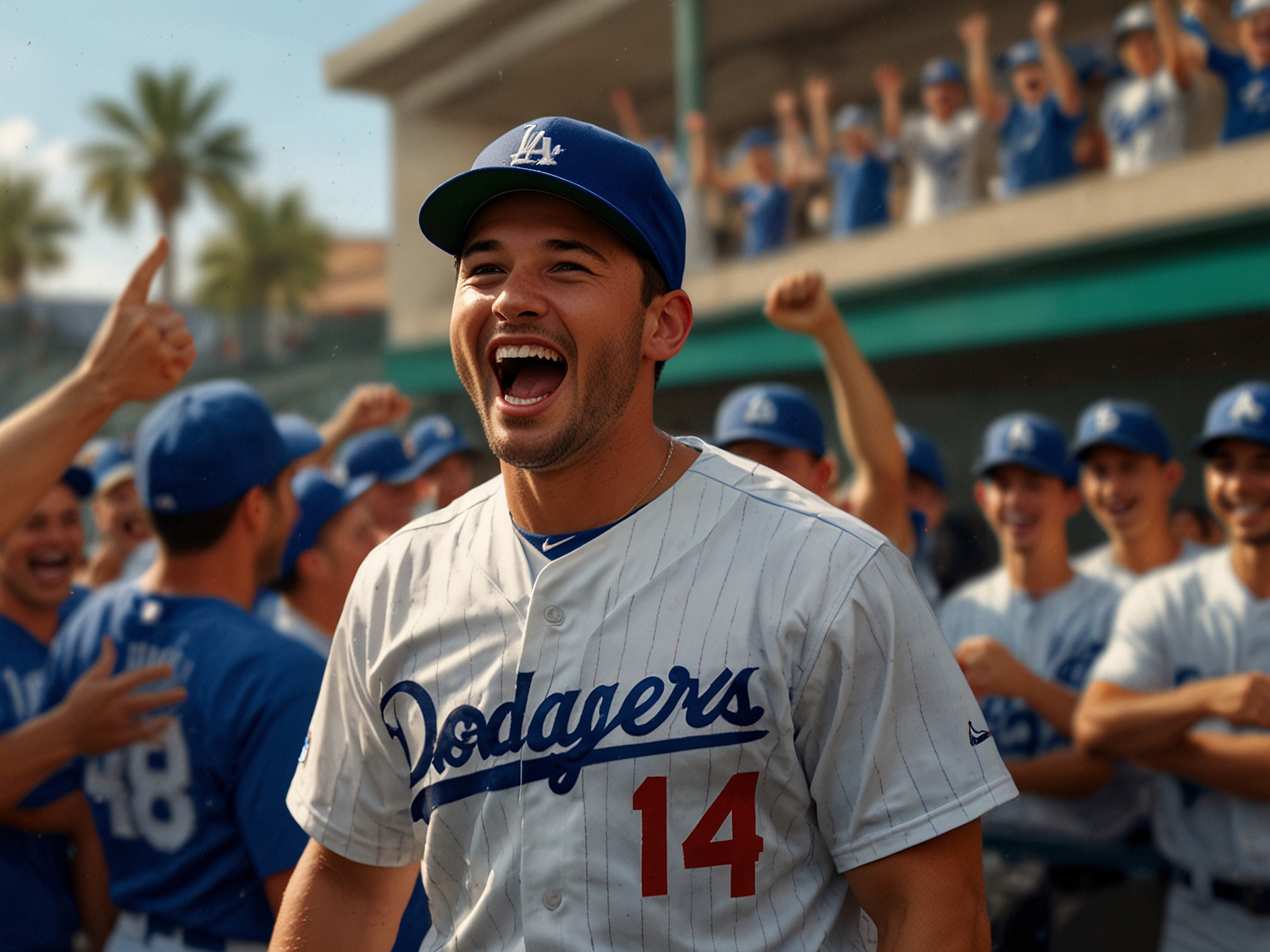 A jubilant Tommy Edman celebrates with teammates, wearing his Dodgers jersey, showcasing his excitement after the contract extension announcement. Fans cheer in the background, highlighting the team's camaraderie.