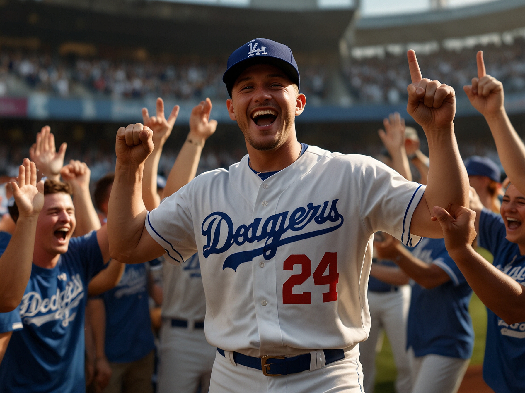 A close-up photograph of Tommy Edman in his Dodgers uniform, with a focused expression, symbolizing his commitment and determination as he prepares for the upcoming seasons.