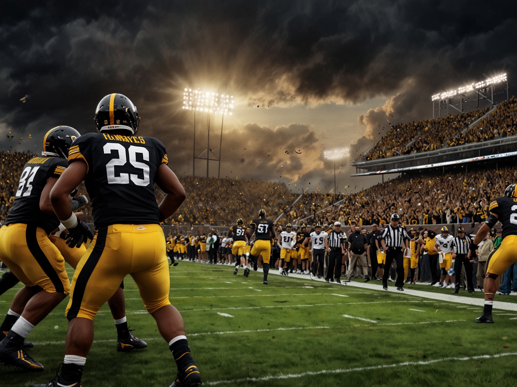 An action-packed scene of an Iowa football game, showcasing the Hawkeyes in their iconic uniforms, with the scoreboard in the background displaying a tense game atmosphere.