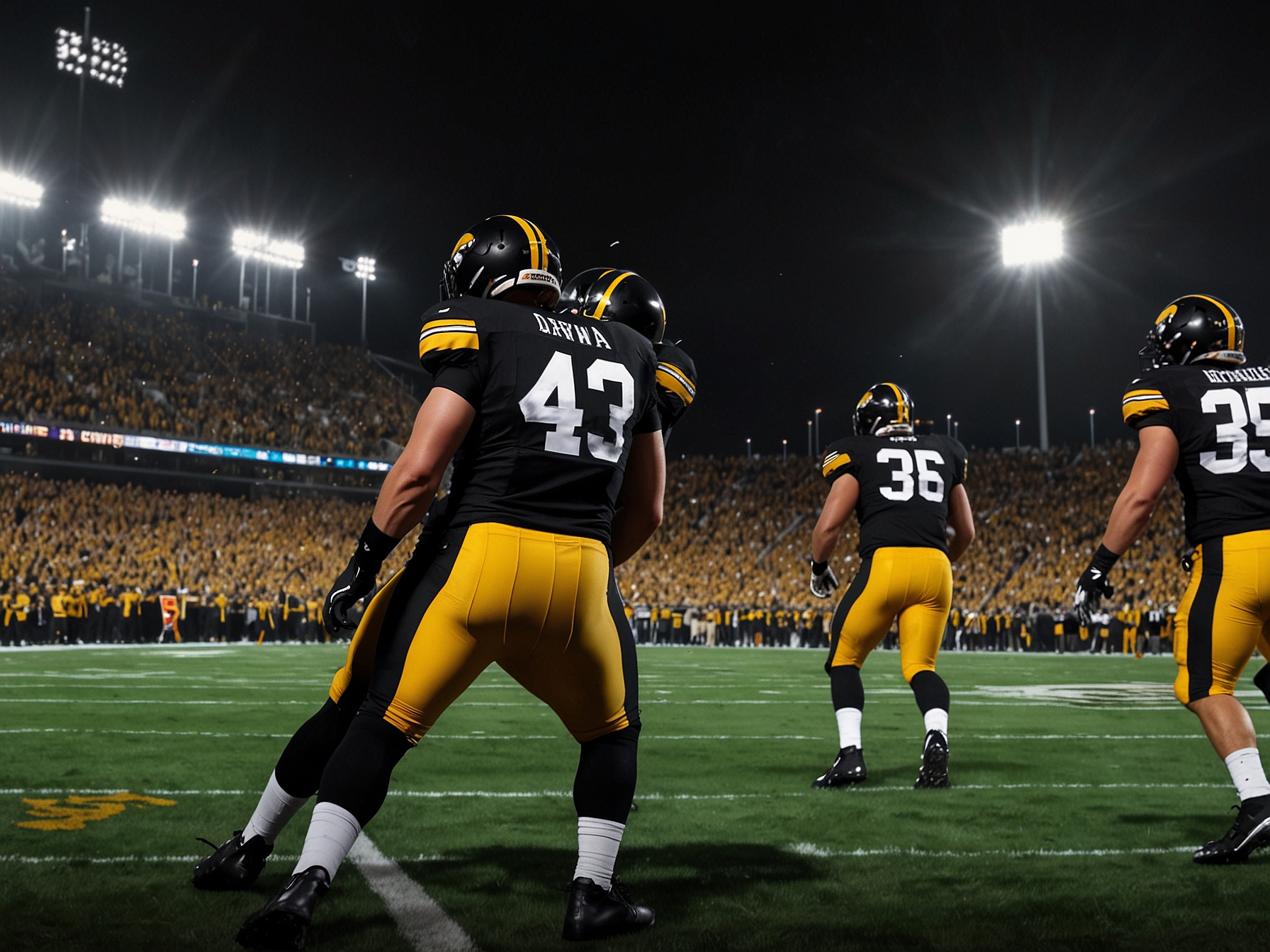 A close-up of injured Hawkeyes players on the sidelines, demonstrating their determination despite setbacks, with teammates focused on the game.