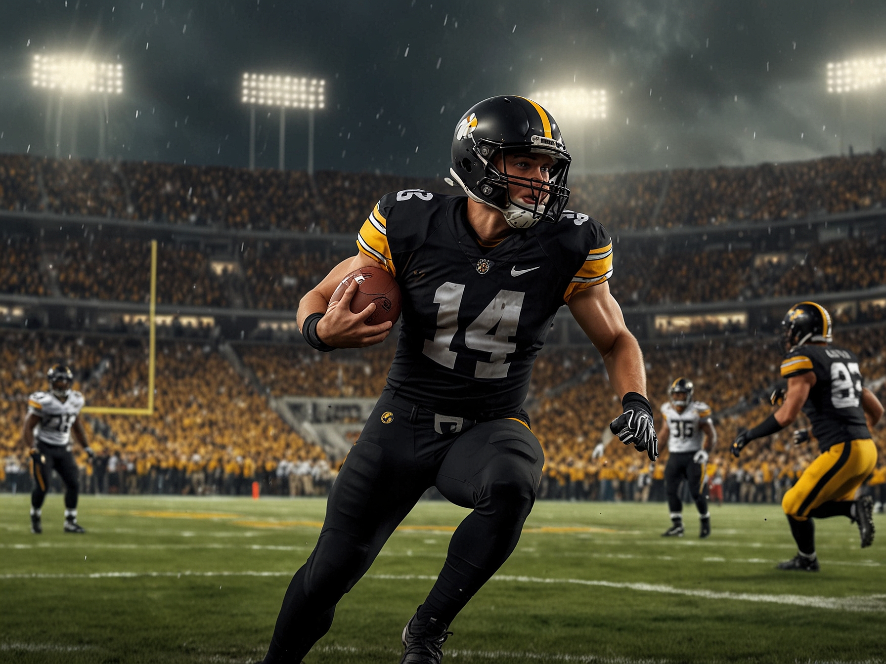 The Iowa stadium filled with passionate fans, showing a vibrant atmosphere as they cheer for their team, showcasing the spirit of college football amidst adversity.