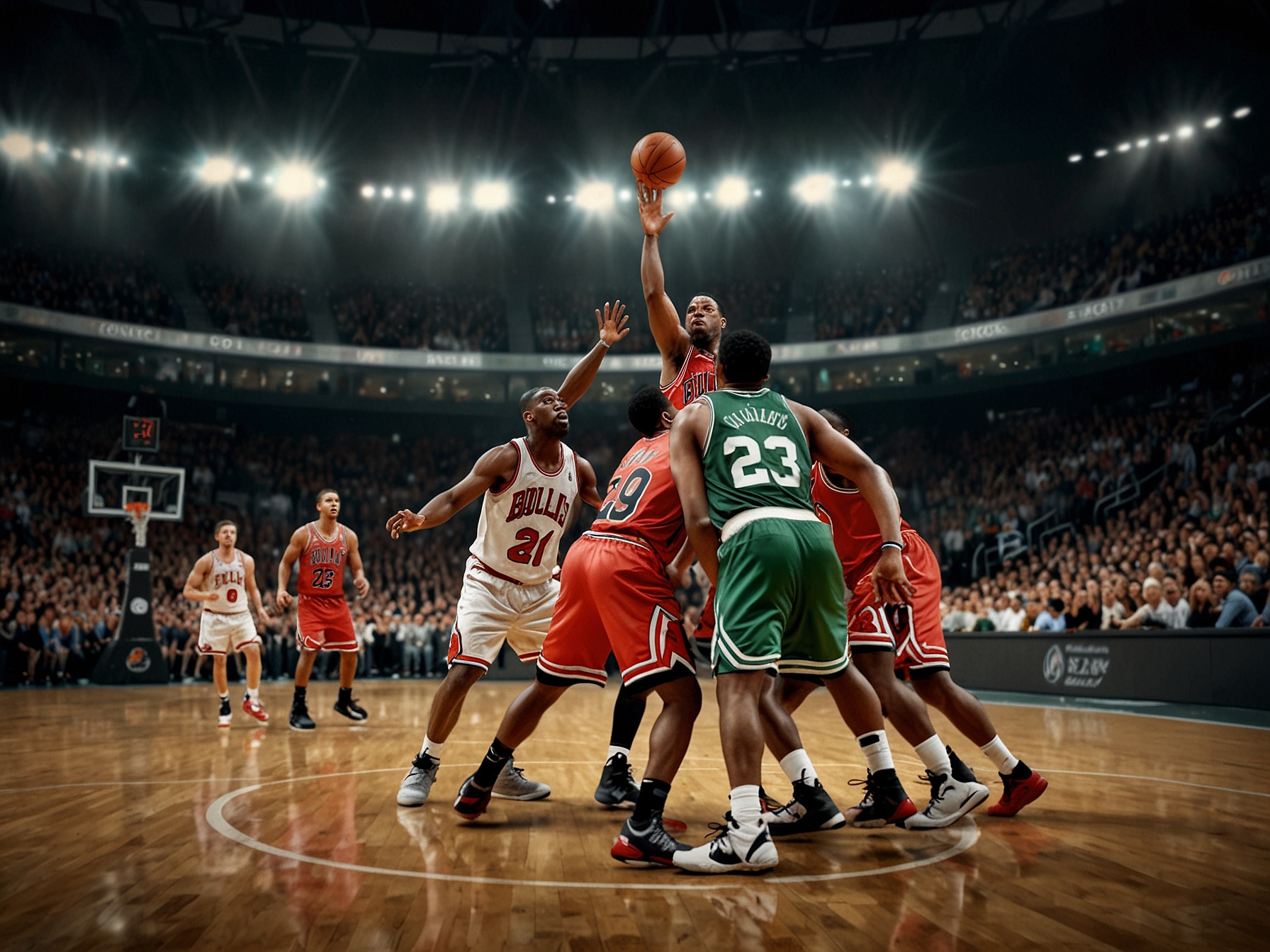 An intense basketball game scene in Chicago, showcasing Celtics and Bulls players battling for possession, with fans in the background cheering passionately. The players display focus and determination on their faces.