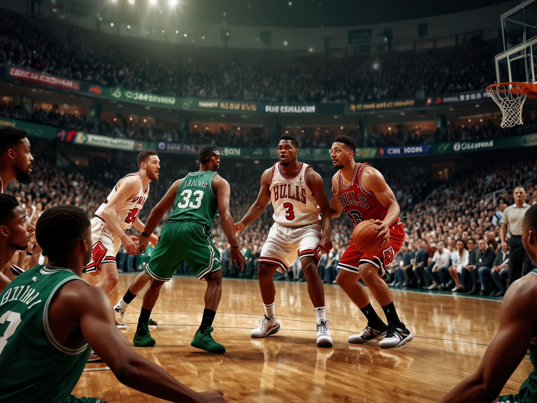 Close-up of Celtics forward Kristaps Porzingis and Bulls guard Zach LaVine displaying competitive spirit as they prepare for a crucial play during their NBA Cup matchup in Chicago.