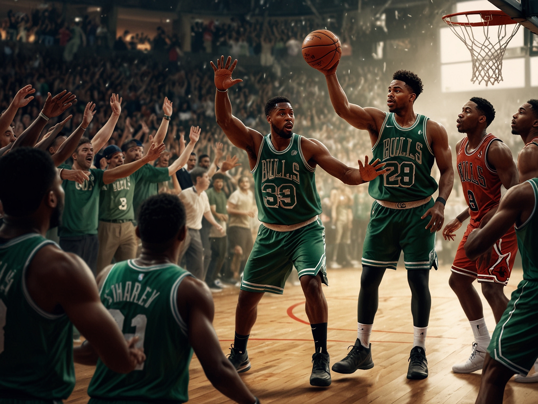 A panoramic view of the United Center filled with excited Bulls fans, capturing the electric atmosphere before the game as players warm up on the court.