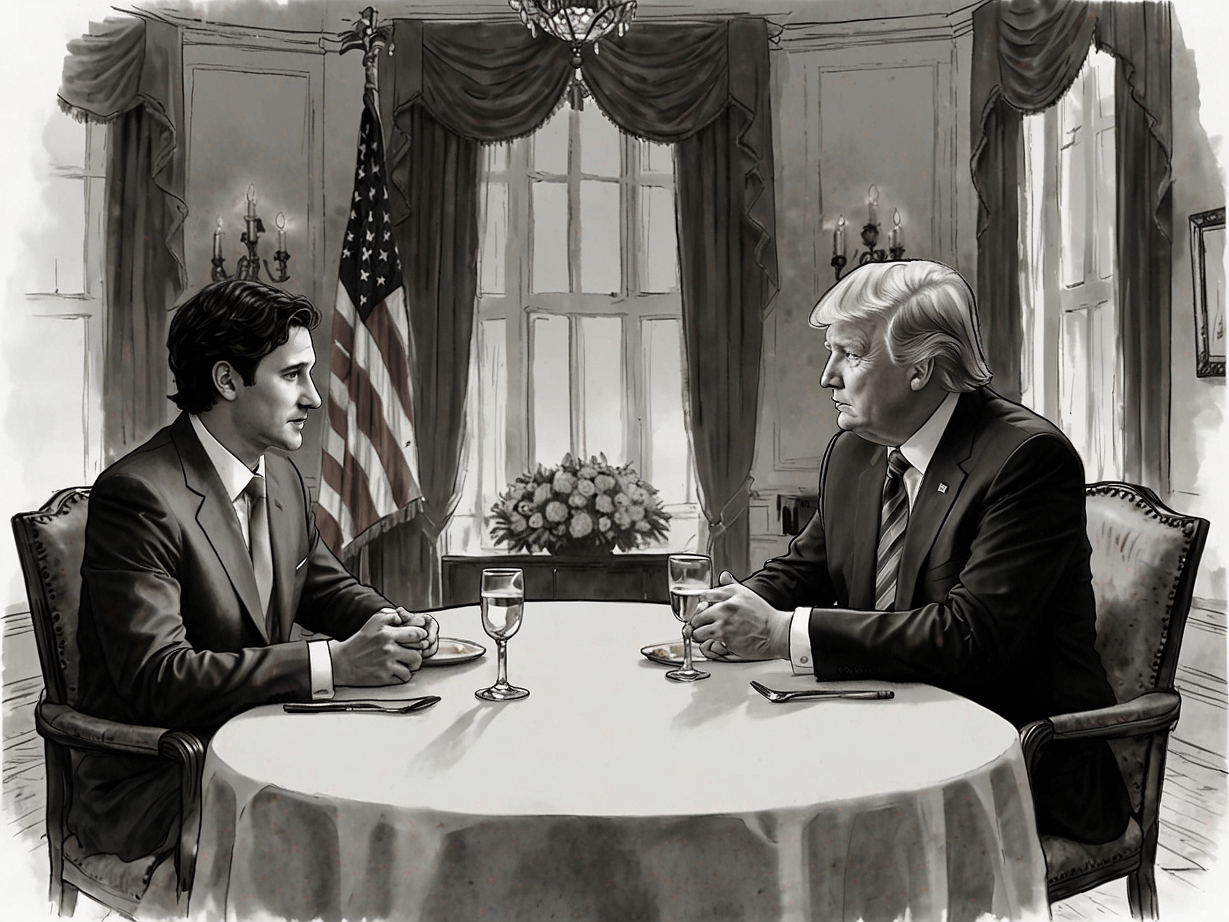 A tense meeting scene between Canadian Prime Minister Justin Trudeau and President Trump at a luxurious dinner table, emphasizing the high-stakes discussions on tariffs and trade relations.