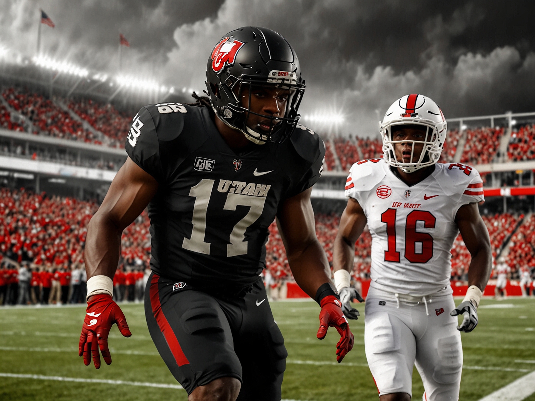 A dramatic scene at a college football stadium, showcasing the Utah Utes and UCF Knights players in action, with fans cheering passionately in the background, representing the high stakes of their final game of the season.