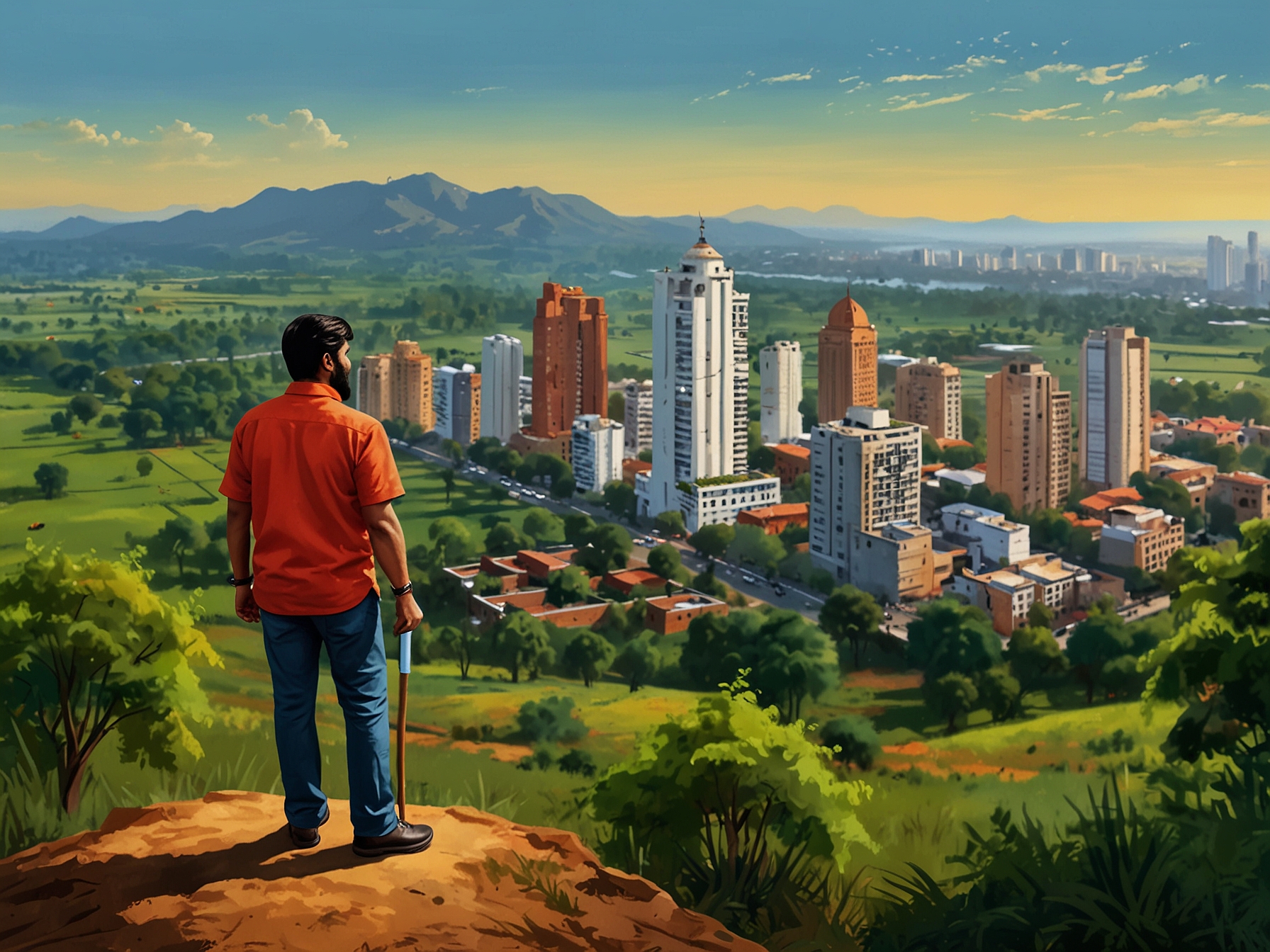 A panorama of Maharashtra's vibrant cityscape juxtaposed with serene rural lands, symbolizing the political contrasts faced by Eknath Shinde as he deliberates on his leadership decisions.