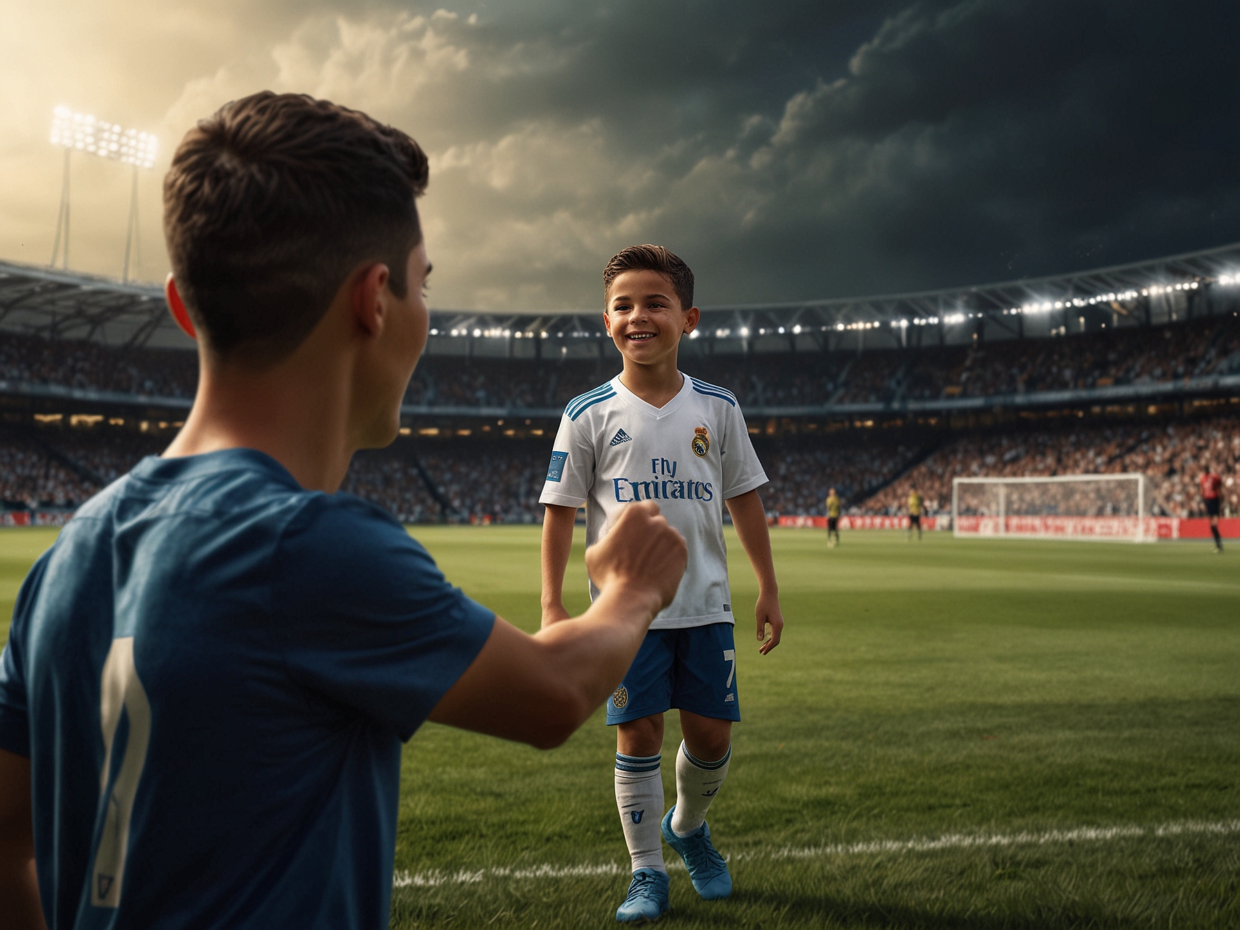A young boy with a bright smile standing on the pitch, excitedly reaching out towards Cristiano Ronaldo, who is engaging with him after a successful match. The stadium is filled with cheering fans in the background.