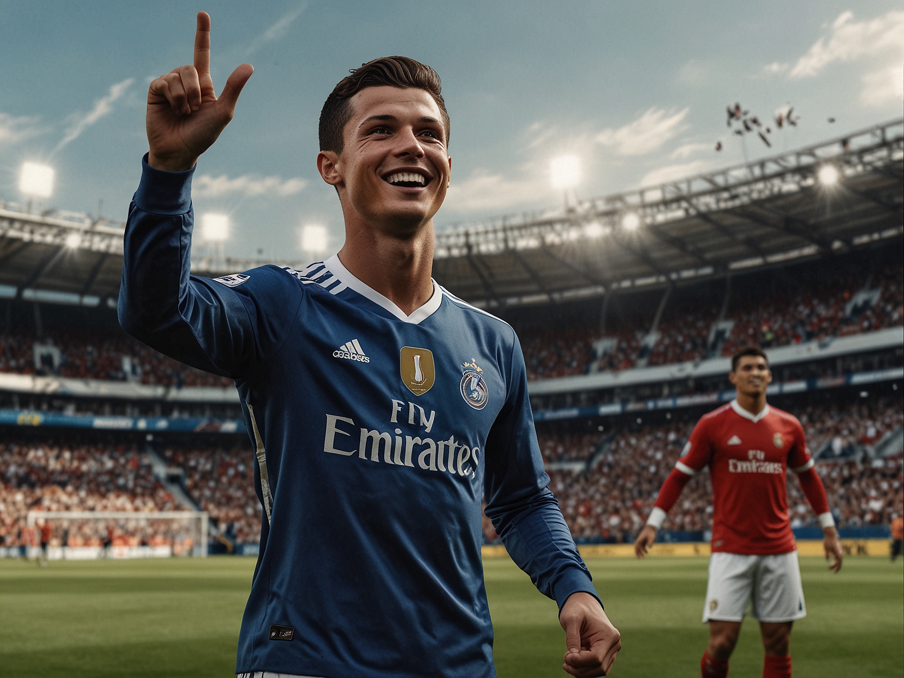 Cristiano Ronaldo kneeling down, attentively listening to a young fan who approached him after the game, showcasing a moment of genuine connection amidst a festive crowd celebrating a victory.