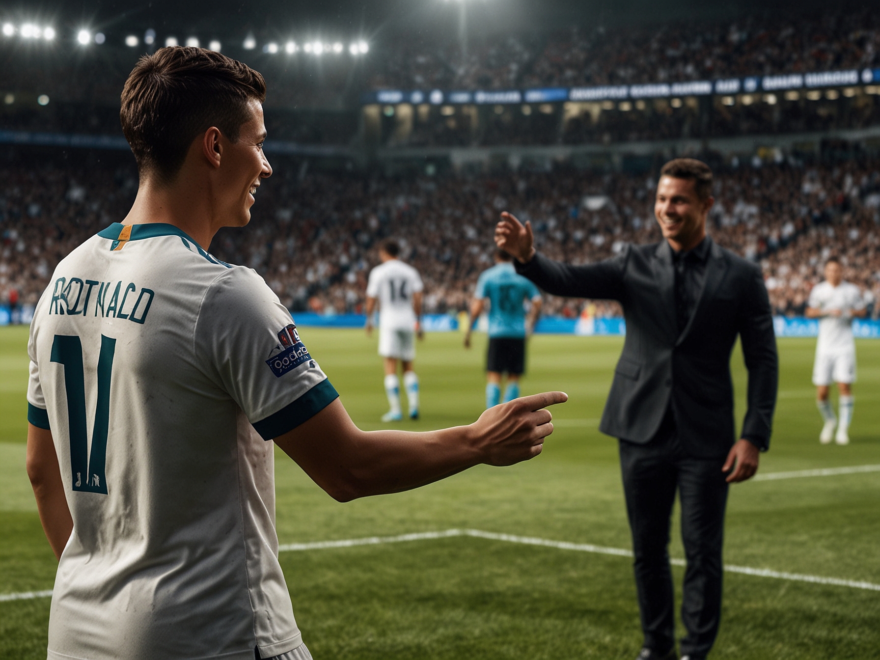 A close-up of the young fan's ecstatic expression while talking to Cristiano Ronaldo, capturing the joy and excitement of meeting his idol on the pitch after Al Nassr's win.