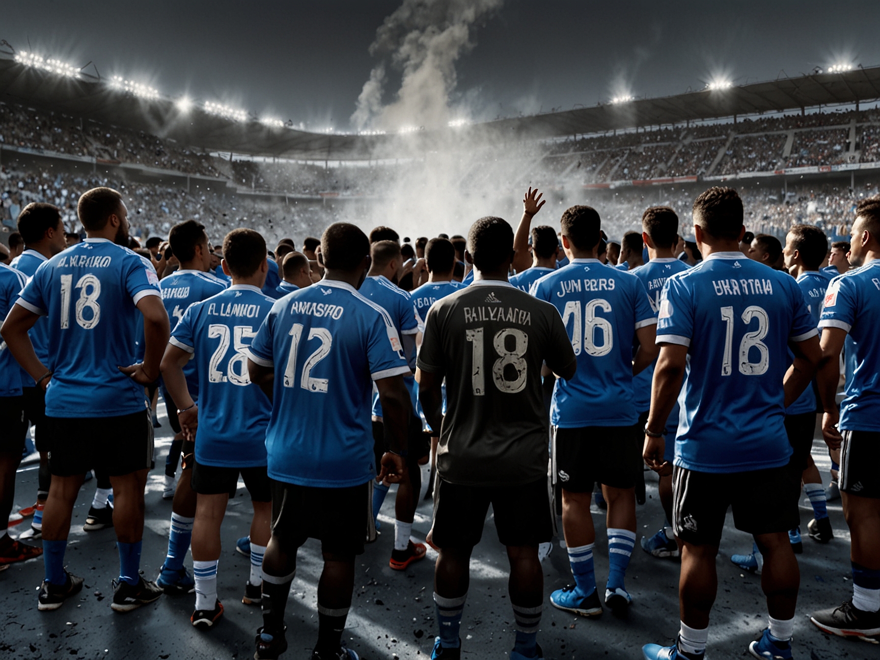 A dramatic scene outside El Campín stadium with Millonarios fans in blue jerseys, some showing aggression while others express concern, capturing the intensity and emotions before the big match.