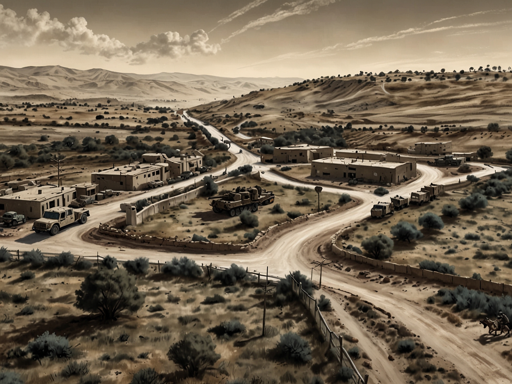 An aerial view of the Israel-Lebanon border, emphasizing military installations and tension areas amidst recent conflicts. Soldiers appear on alert, showcasing the seriousness of the ongoing situation.