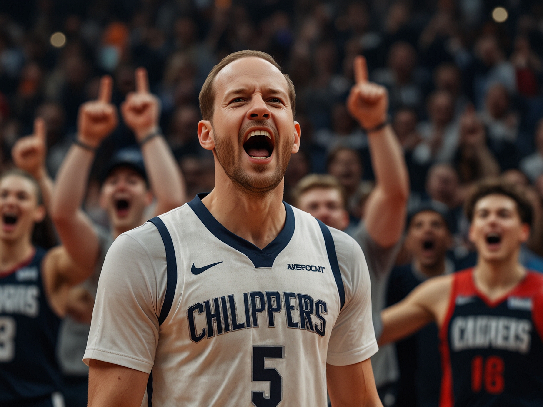 Anthony Edwards celebrates after making a game-winning three-pointer against the Clippers, with the roaring crowd in the background at Target Center.
