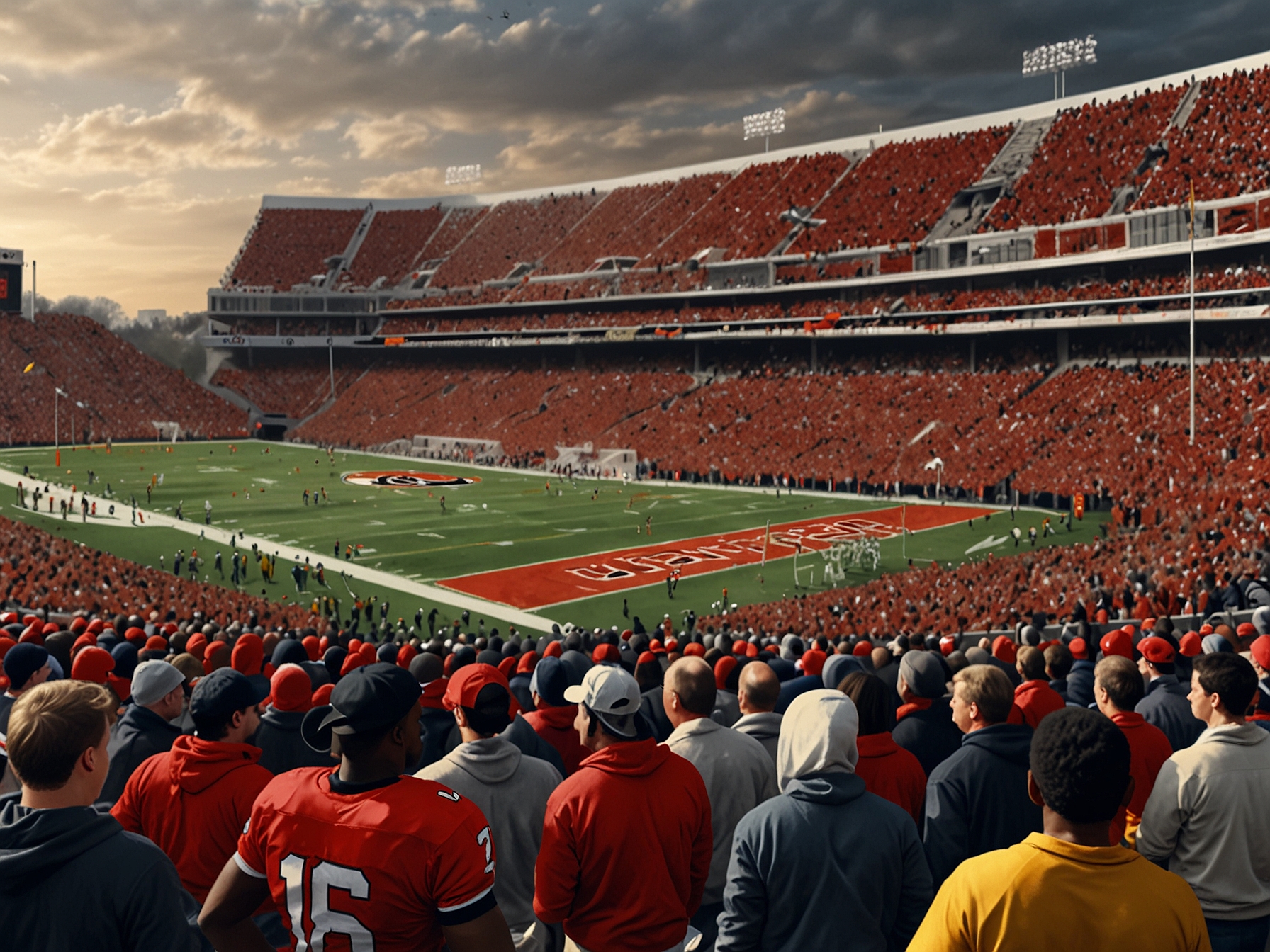 A packed stadium during the Georgia Bulldogs vs. Georgia Tech football game, showcasing fans in team colors, the tension palpable in the chilly November air.